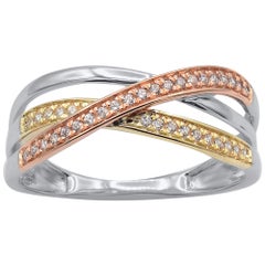 TJD 0.15 Carat Diamond 14 Karat Tri-Color Gold Sparkling Crossover Band Ring