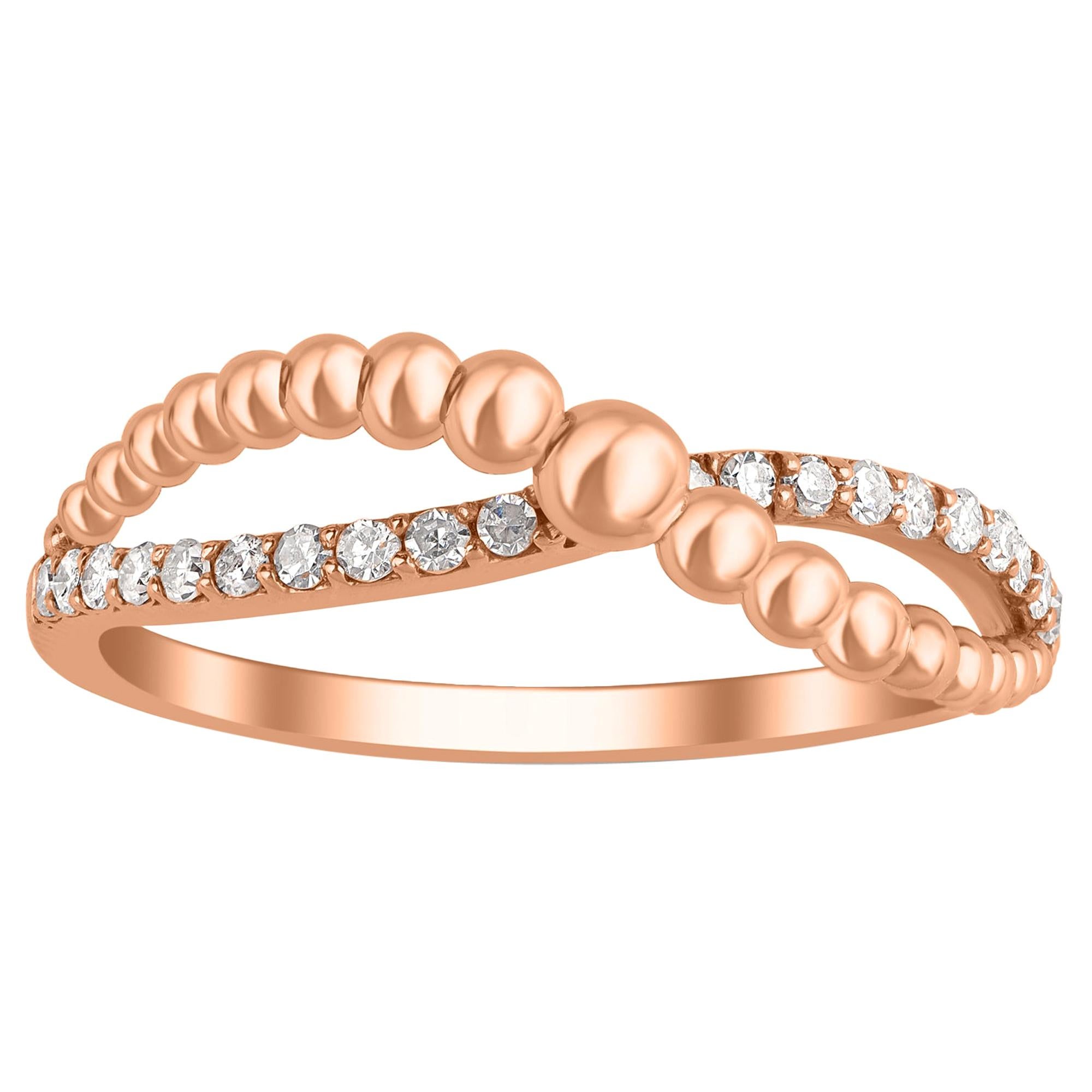 TJD 0.15 Carat Diamond 18 Karat Rose Gold Beautiful Beaded Crossover Ring For Sale