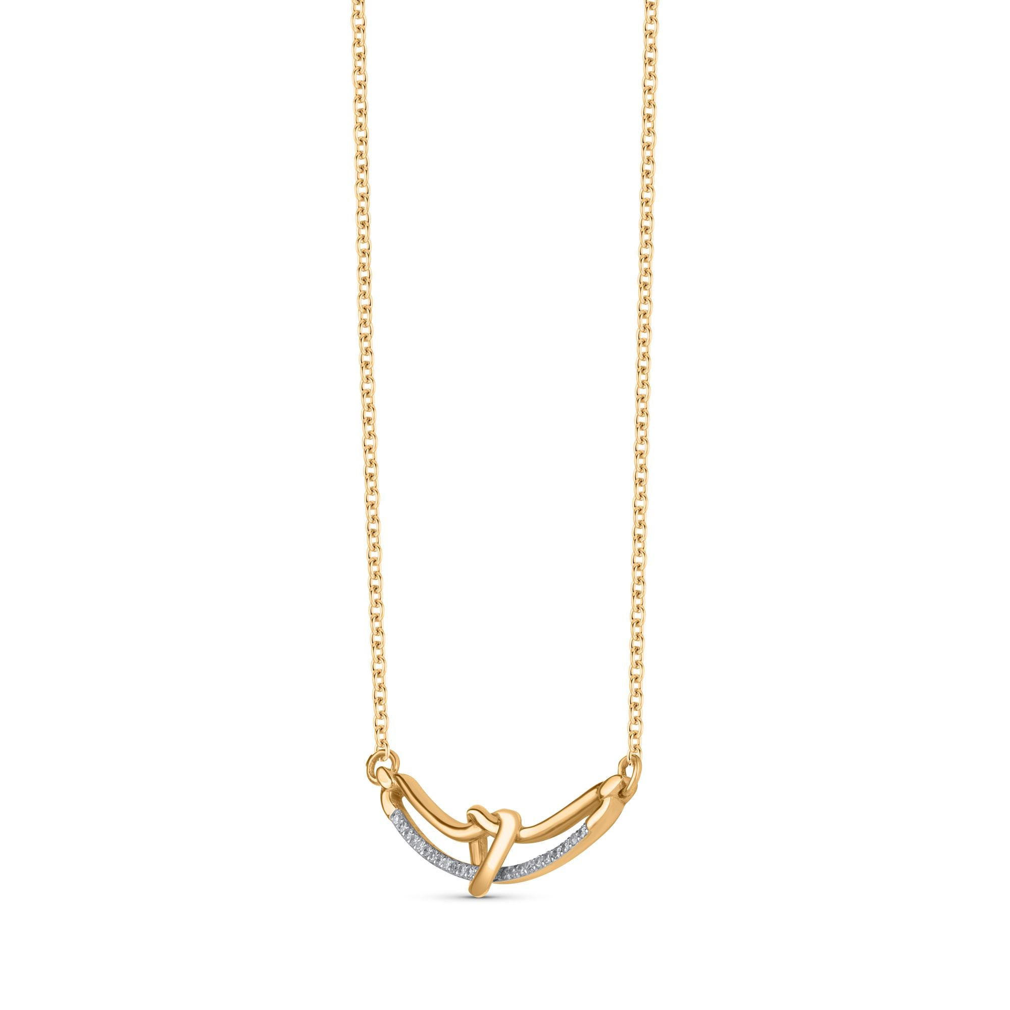 This knot heart shaped designer necklace glitters with 25 round-cut diamonds set in prong setting and handcrafted by skillful artisans in 18-karat yellow gold.  Diamonds are graded HI color, I1 clarity.  
