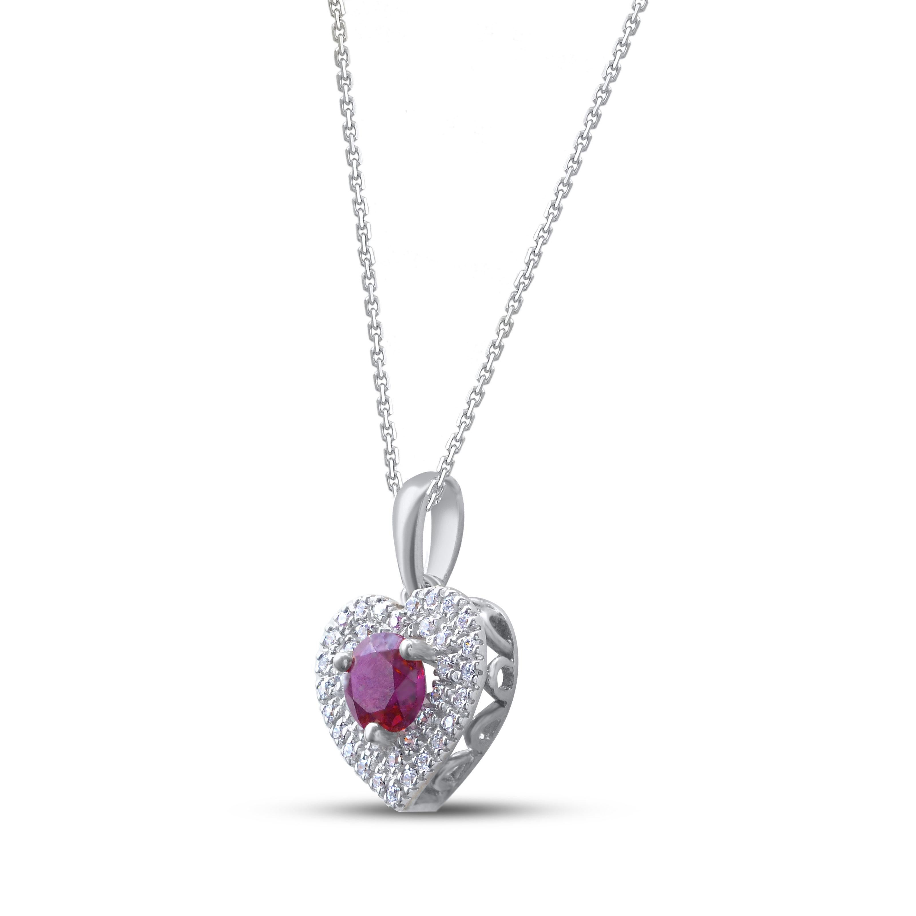 Bring charm to your look with this diamond heart pendant. The pendant is crafted from 14 karat White gold and features Round Brilliant 37 white diamonds and 1 ruby gemstone set in micro-prong and prong set, H-I color I2 clarity and a high polish