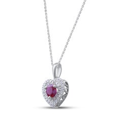 TJD 0.15 Carat Diamond & 5 MM Round Nat. Ruby 14K White Gold Heart Shape Pendant