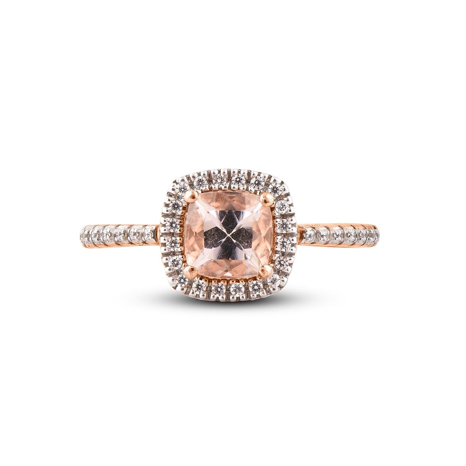 Contemporary TJD 0.15 Carat Diamond 6X6 MM Cushion Cut Morganite 14 Karat rose gold Halo Ring For Sale
