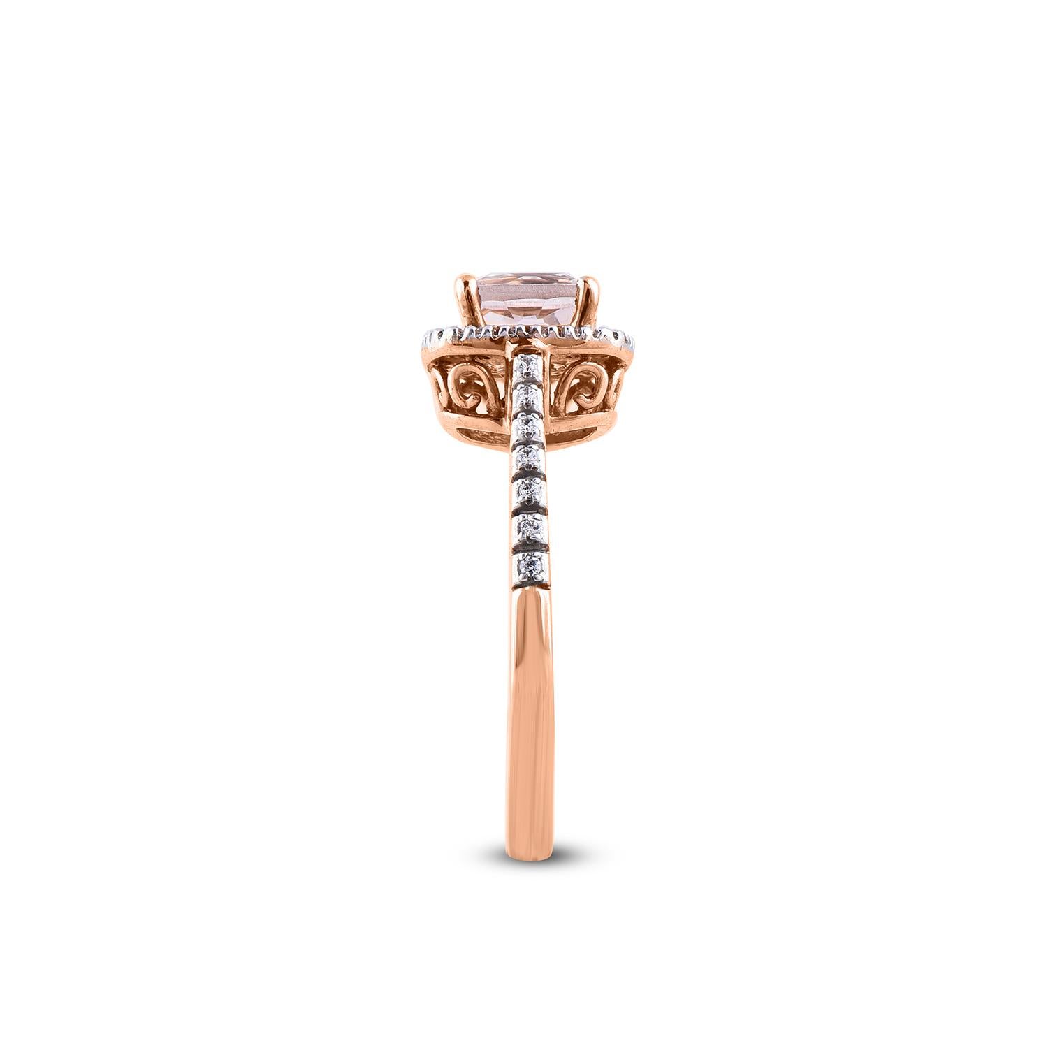 TJD 0.15 Carat Diamond 6X6 MM Cushion Cut Morganite 14 Karat rose gold Halo Ring In New Condition For Sale In New York, NY