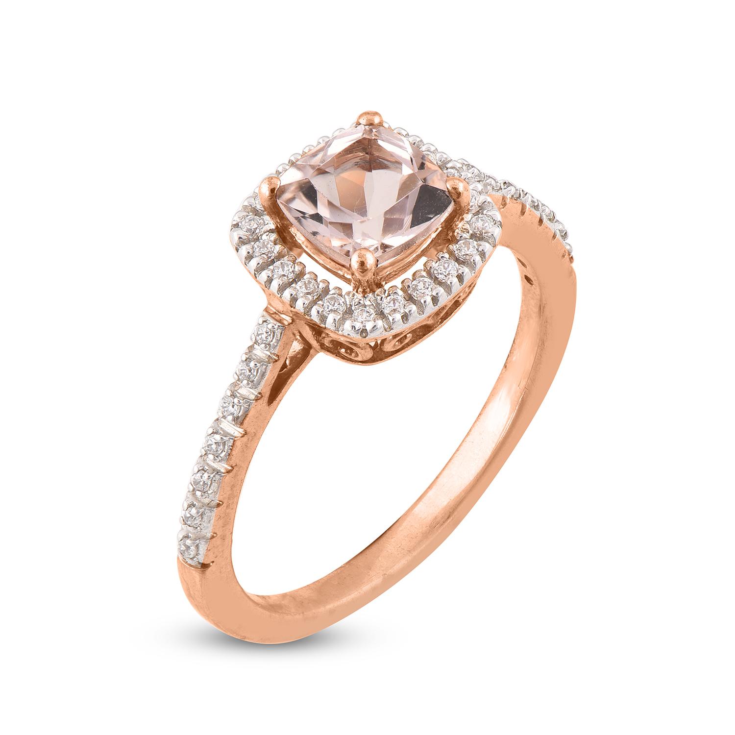 It’s easy to fall in love with this charming morganite engagement ring is crafted in 14 karat rose gold and studded with 34 natural diamonds and 1 natural morganite in pave and prong setting. Diamonds are graded HI color, I2 clarity. This comfort