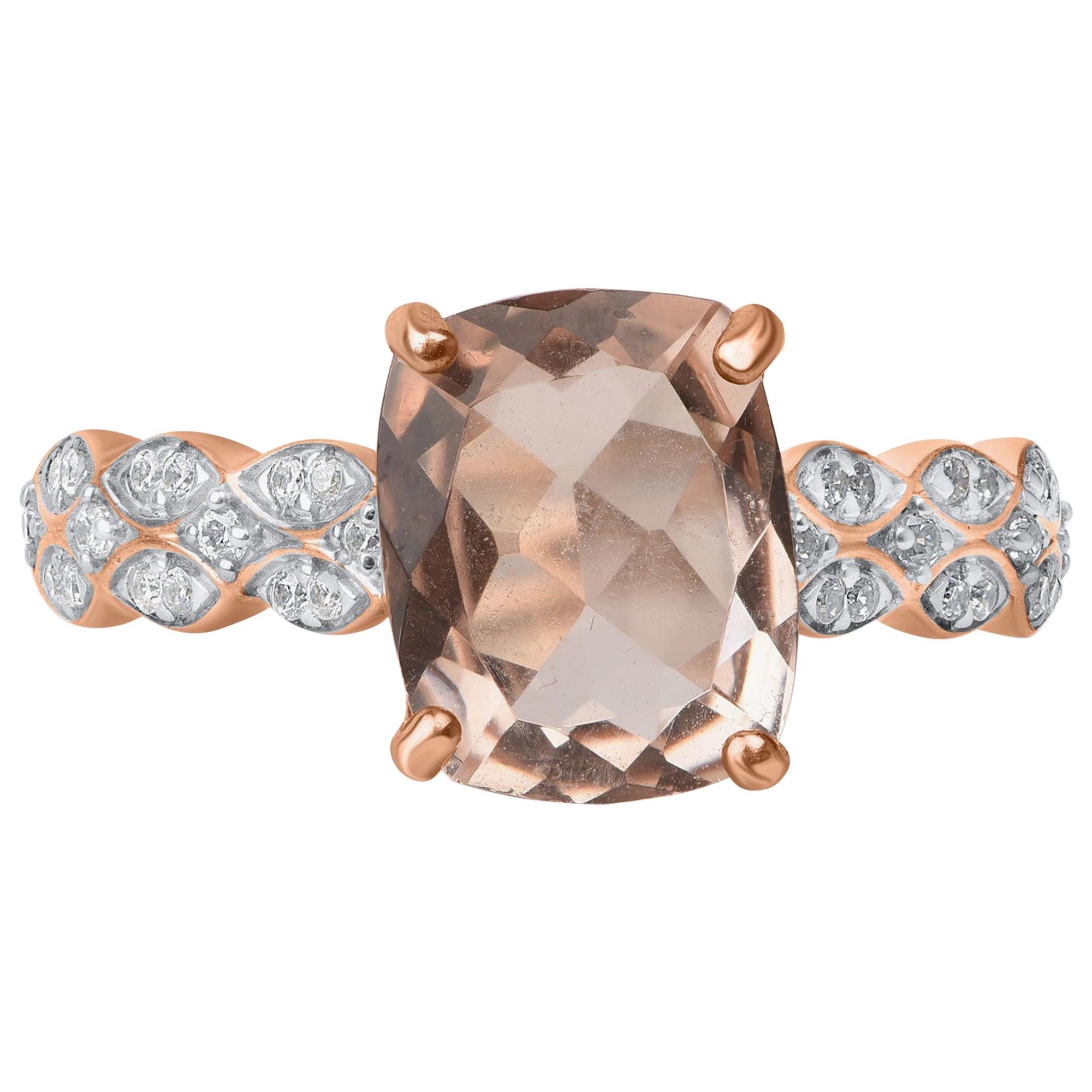 TJD 0.15 Carat Diamond & 10 X 8 MM Cushion Cut Morganite 14 Karat Rose Gold Ring