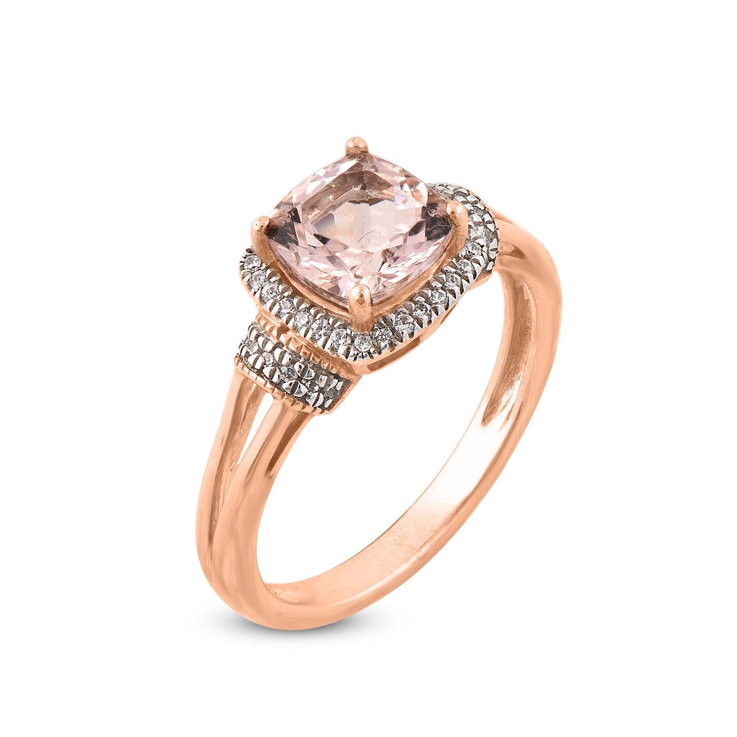 This ring is Crafted beautifully in 14 karat Rose gold and this sparkling design studded with 42 round cut diamonds and 1 cushion cut morganite set in prong and pave setting. Diamonds are graded H-I Color, I2 Clarity.
