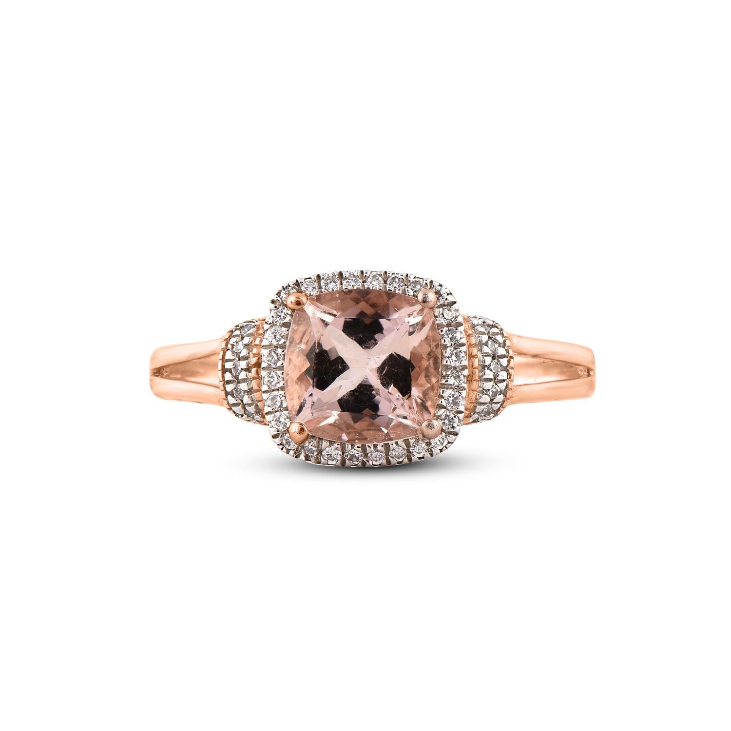 TJD 0.15 Carat Diamond and 7X7 mm Cushion Cut Morganite 14Karat Rose Gold Ring In New Condition For Sale In New York, NY