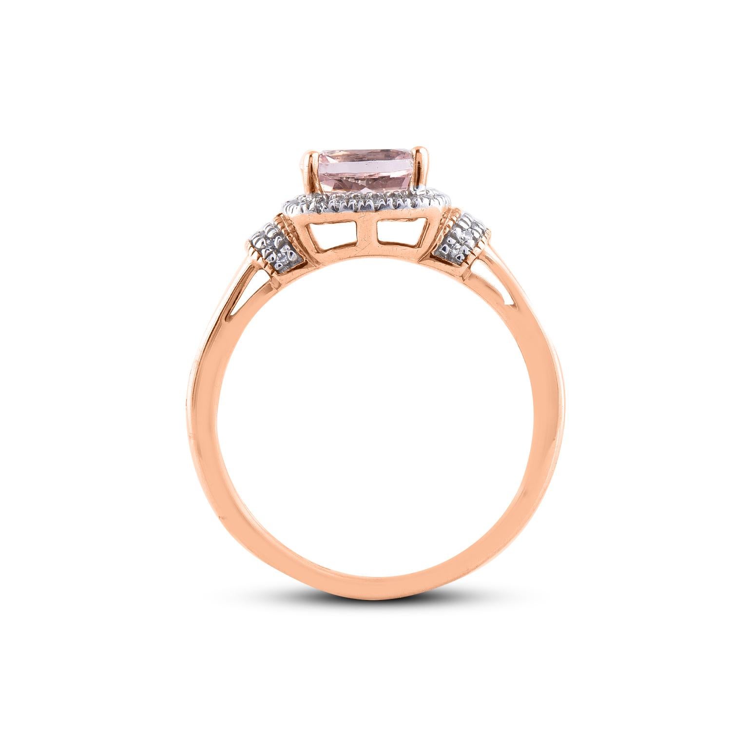 TJD 0.15 Carat Diamond and 7X7 mm Cushion Cut Morganite 14Karat Rose Gold Ring For Sale 1