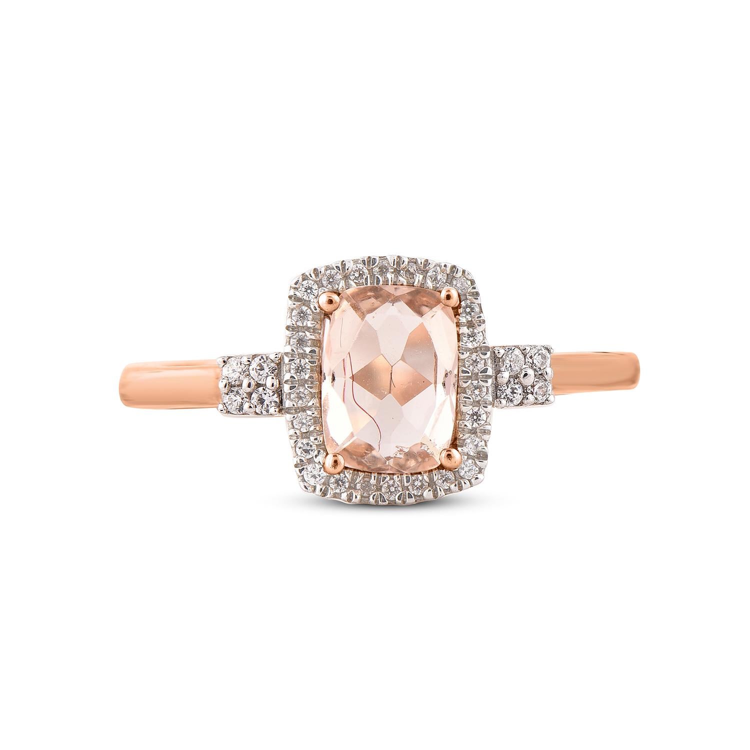 Art Deco TJD 0.15 Carat Diamond and Cushion Shape Morganite 14 Karat Rose Gold Ring For Sale