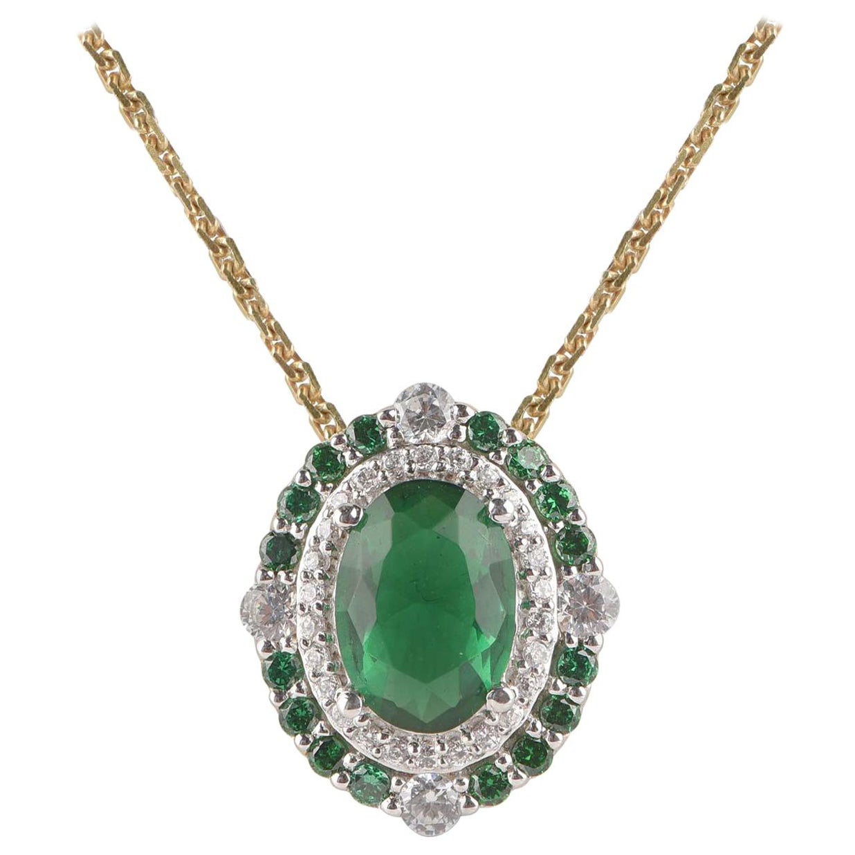 TJD 0.15 Carat Diamond and Natural Emerald 18 Karat Yellow Gold Halo Pendant