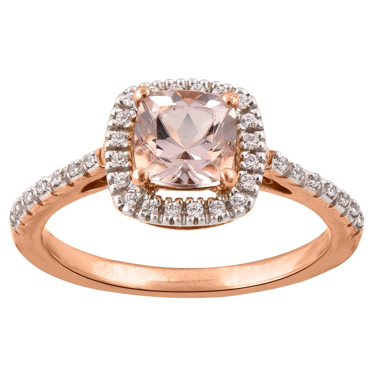 TJD 0.15 Carat Diamond 6X6 MM Cushion Cut Morganite 14 Karat rose gold Halo Ring For Sale