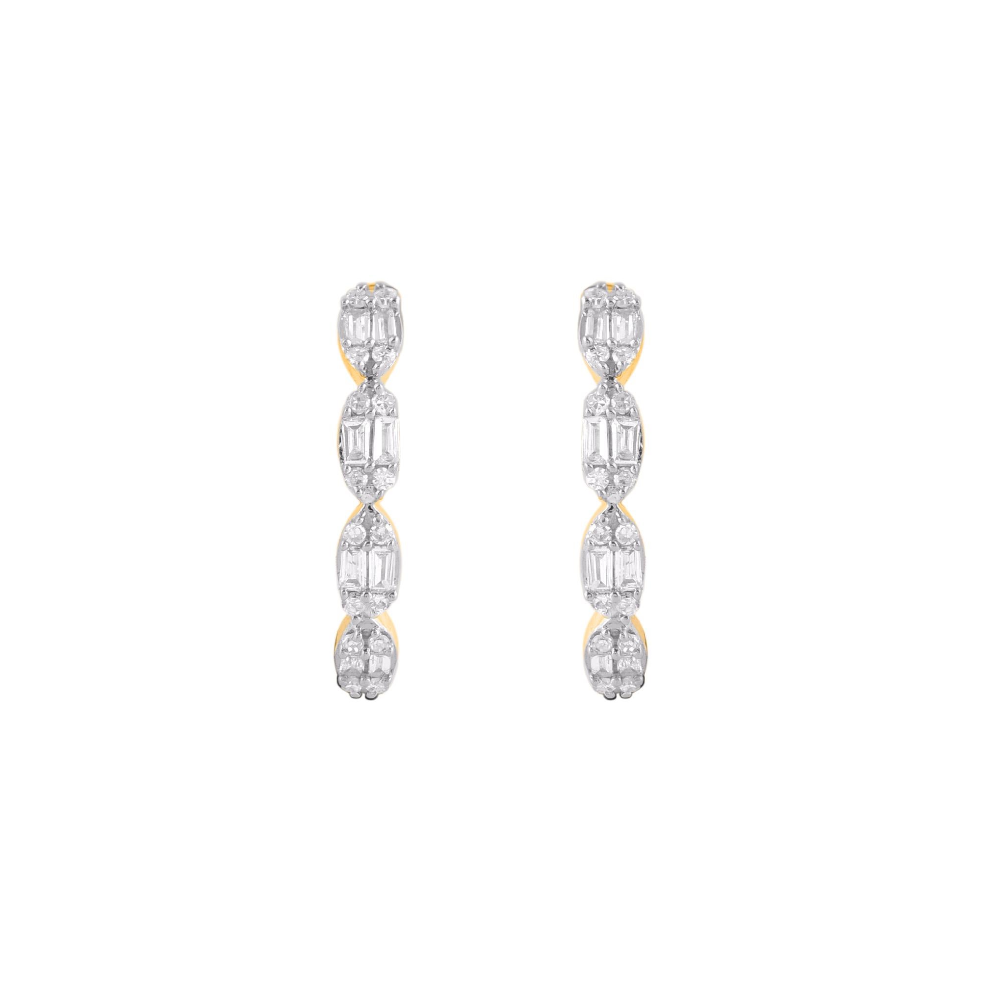 Make a stylish impression with these diamond hoop earrings. This earring is beautifully designed and studded with 48 round diamond and baguette diamond set in prong setting. We only use natural, 100% conflict free diamonds which shines in H-I Color