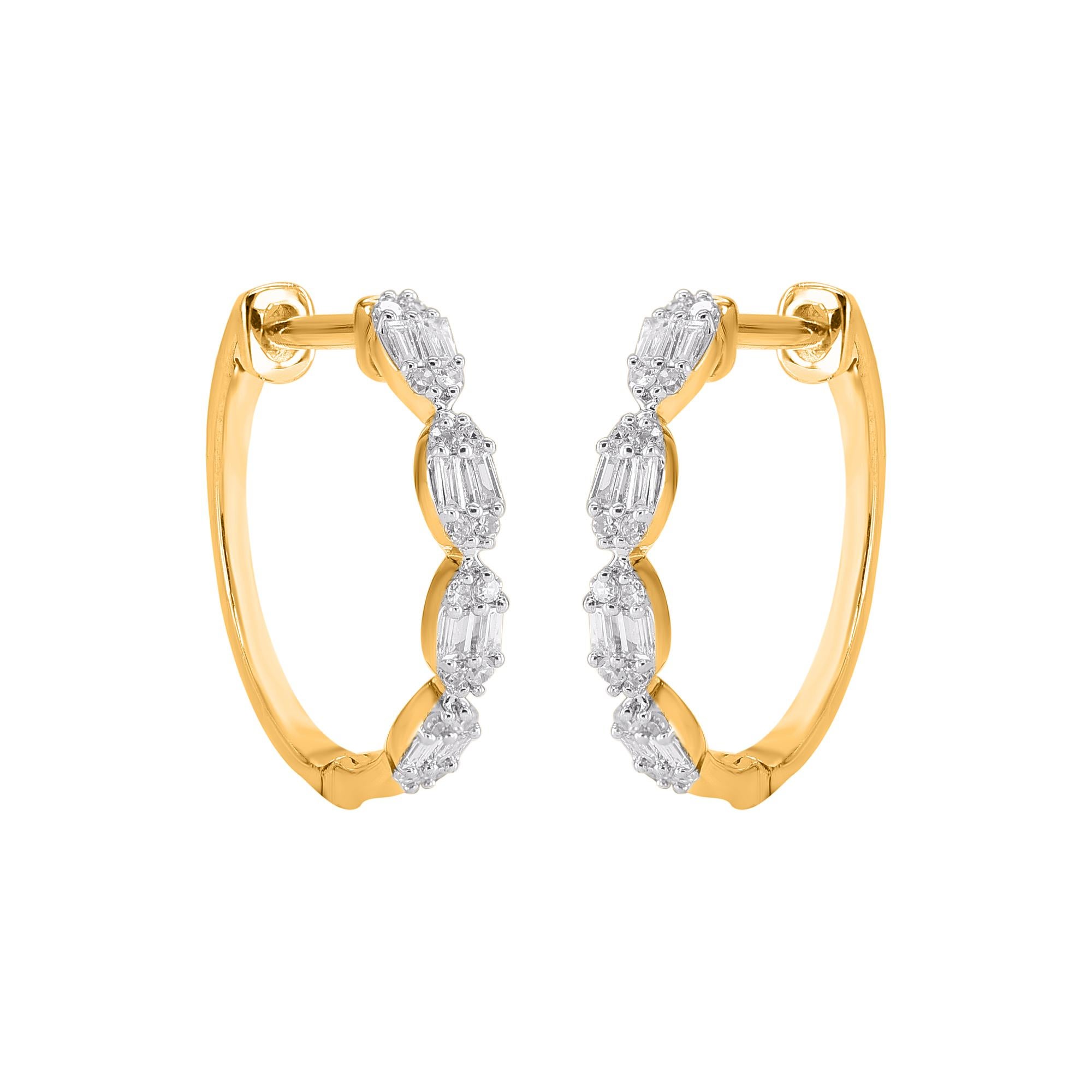 Modern TJD 0.15 Carat Natural Diamond 14 Karat Yellow Gold Hoop Earrings For Sale
