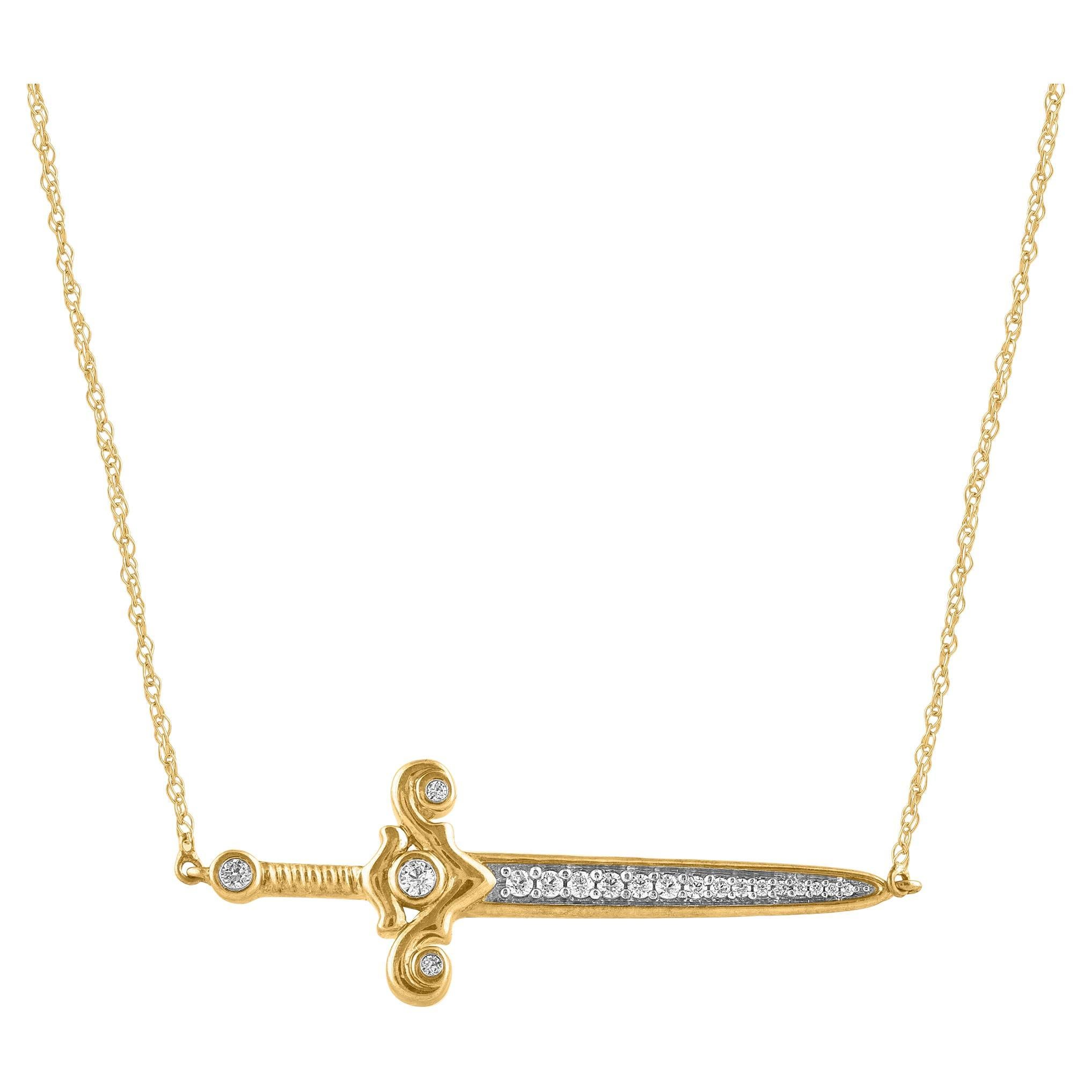 TJD 0.15 Carat Natural Diamond 14 Karat Yellow Gold Sword Pendant Necklace