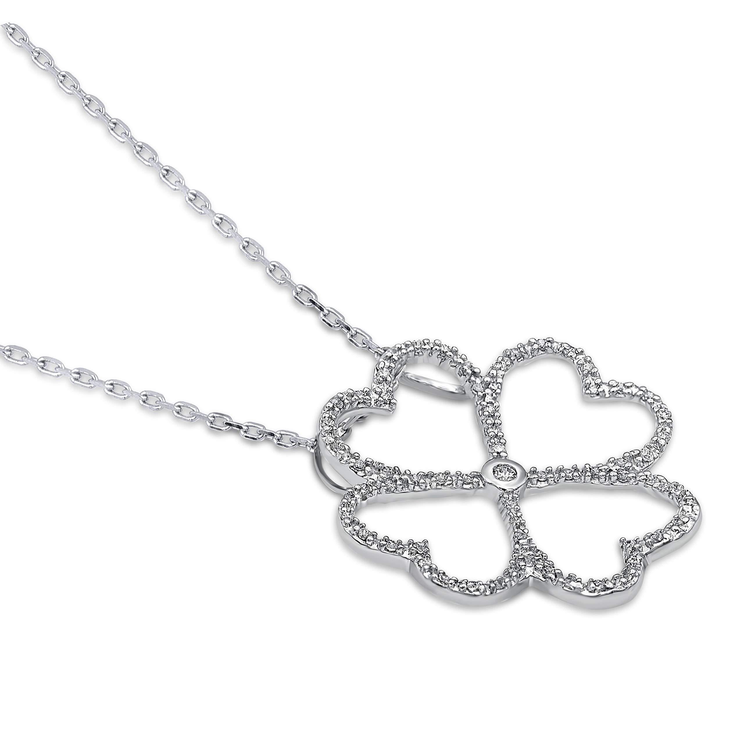 No luck is needed when you choose this pretty diamond clover pendant. The pendant is crafted from 14 karat white gold and features 65 round single cut and brilliant cut diamond set in pave & bezel setting and a high polish finish complete the