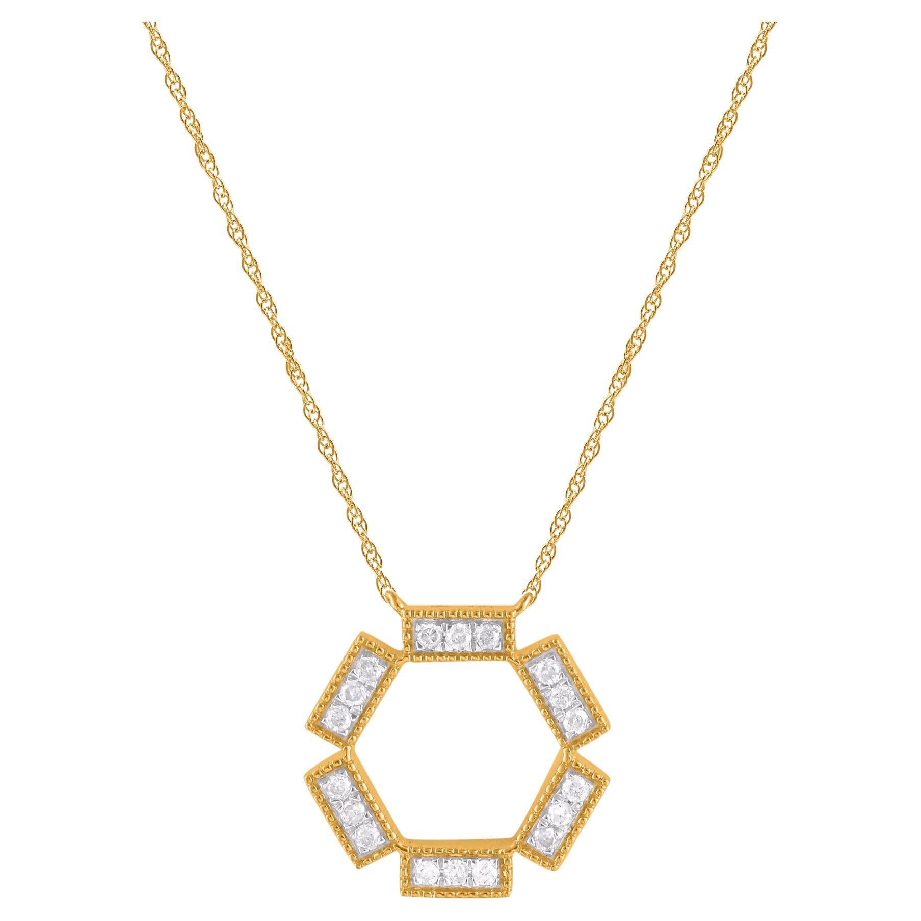 TJD 0.15 Carat Natural Diamond 14KT Yellow Gold Hexagon Pendant Necklace