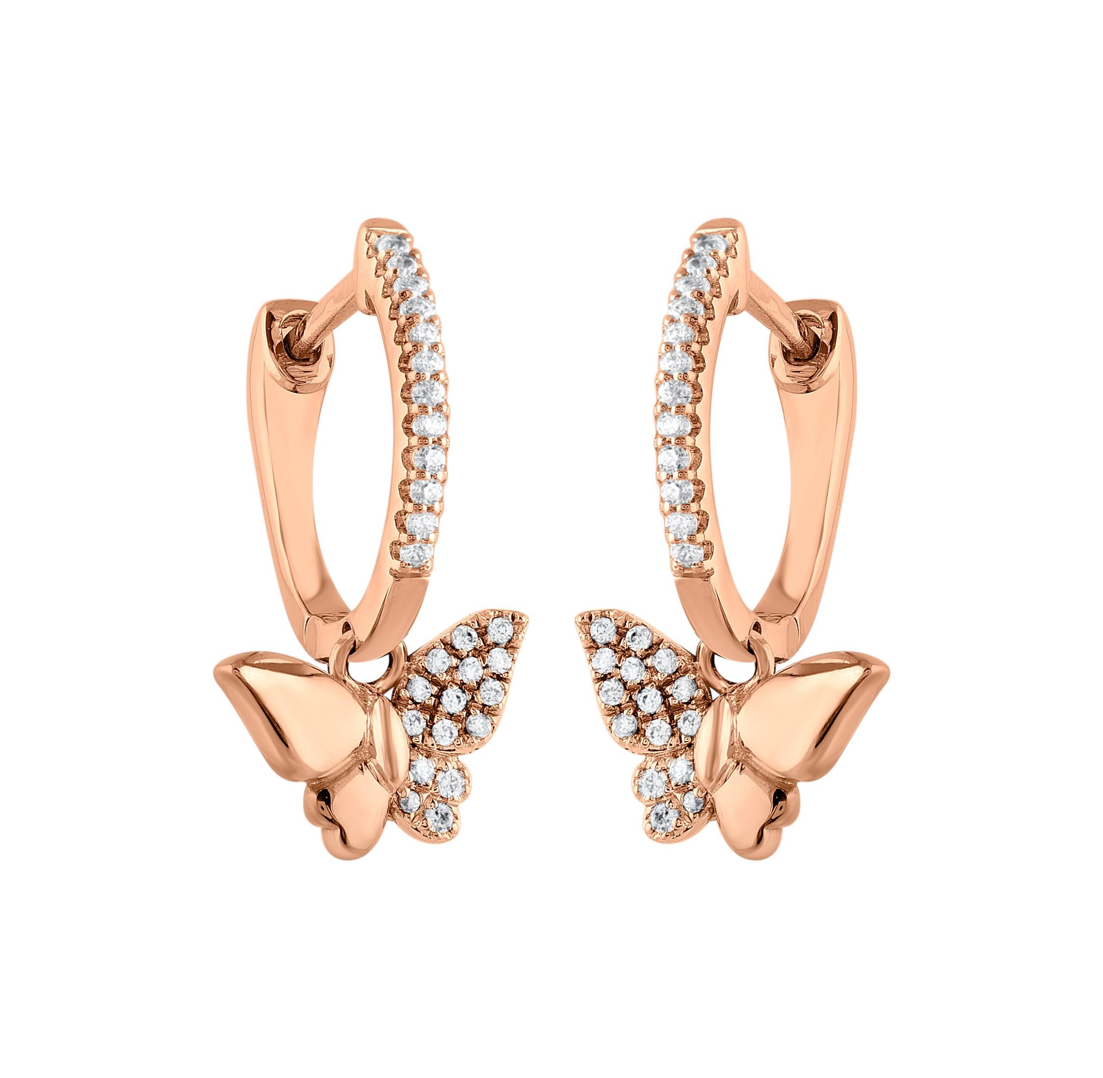 Modern TJD 0.15 Carat Natural Diamond Butterfly Huggie Hoop Earrings in 14KT Rose Gold For Sale