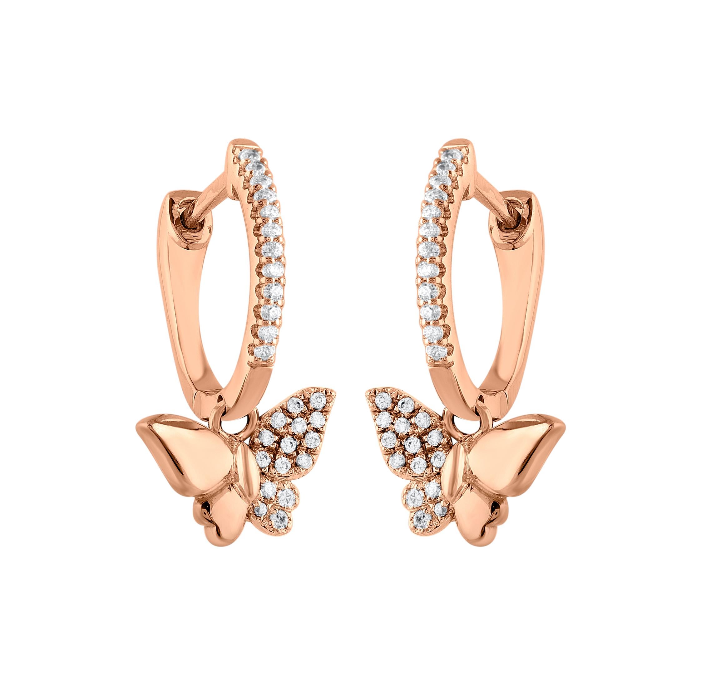 Moderno TJD Orecchini a cerchio a farfalla con diamanti naturali da 0,15 carati in oro rosa 14KT in vendita