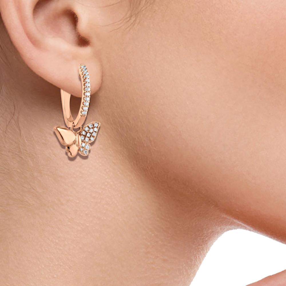 Single Cut TJD 0.15 Carat Natural Diamond Butterfly Huggie Hoop Earrings in 14KT Rose Gold For Sale