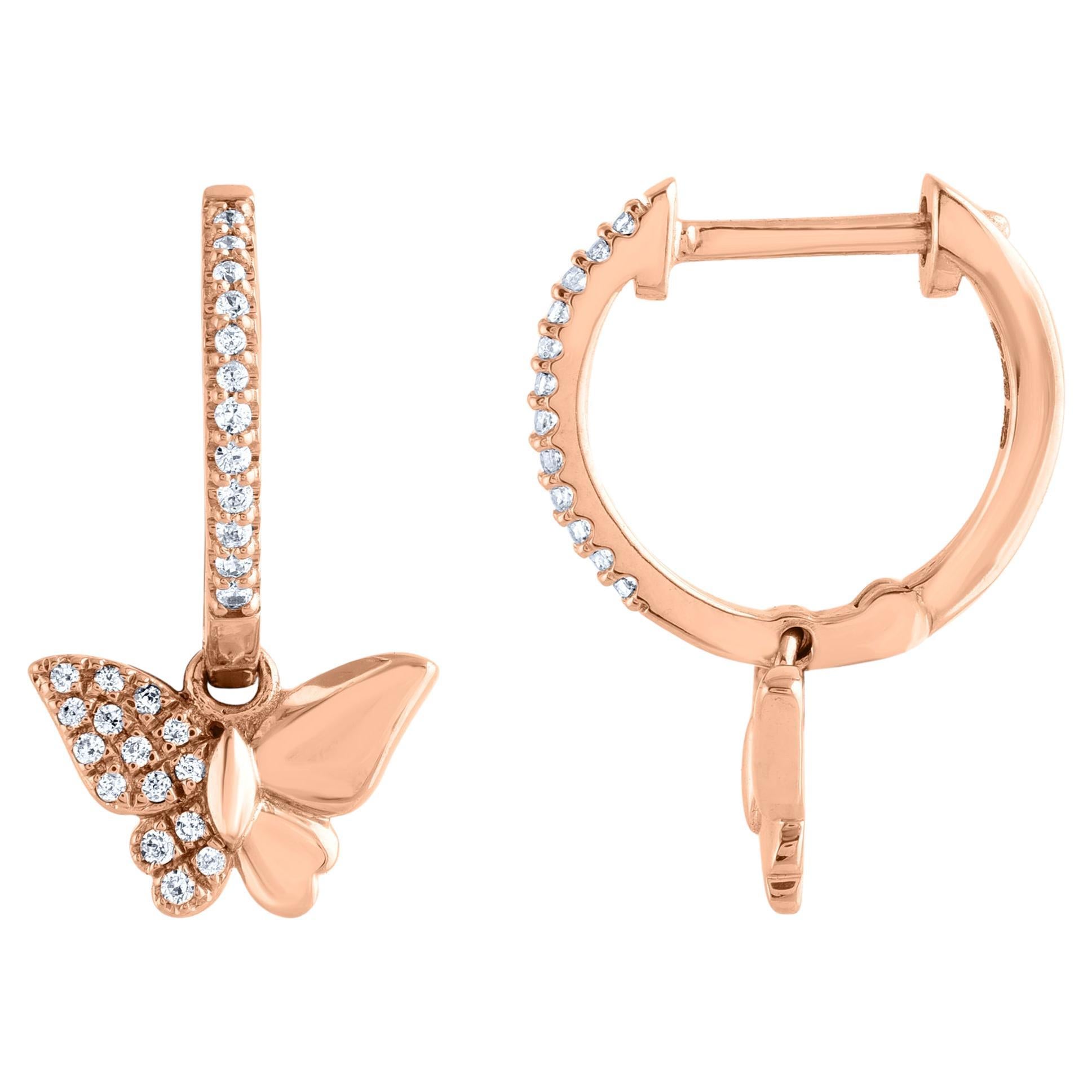 TJD 0.15 Carat Natural Diamond Butterfly Huggie Hoop Earrings in 14KT Rose Gold For Sale