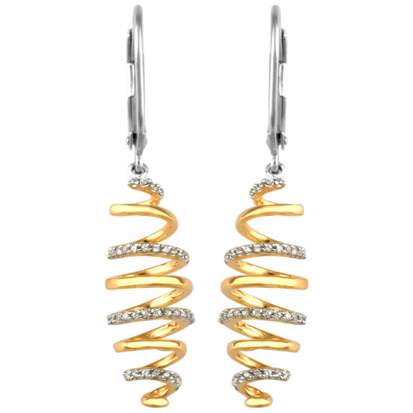 TJD 0.15 Carat Round Diamond 14K Two-Toned Gold Spiral Dangling Drop Earrings For Sale