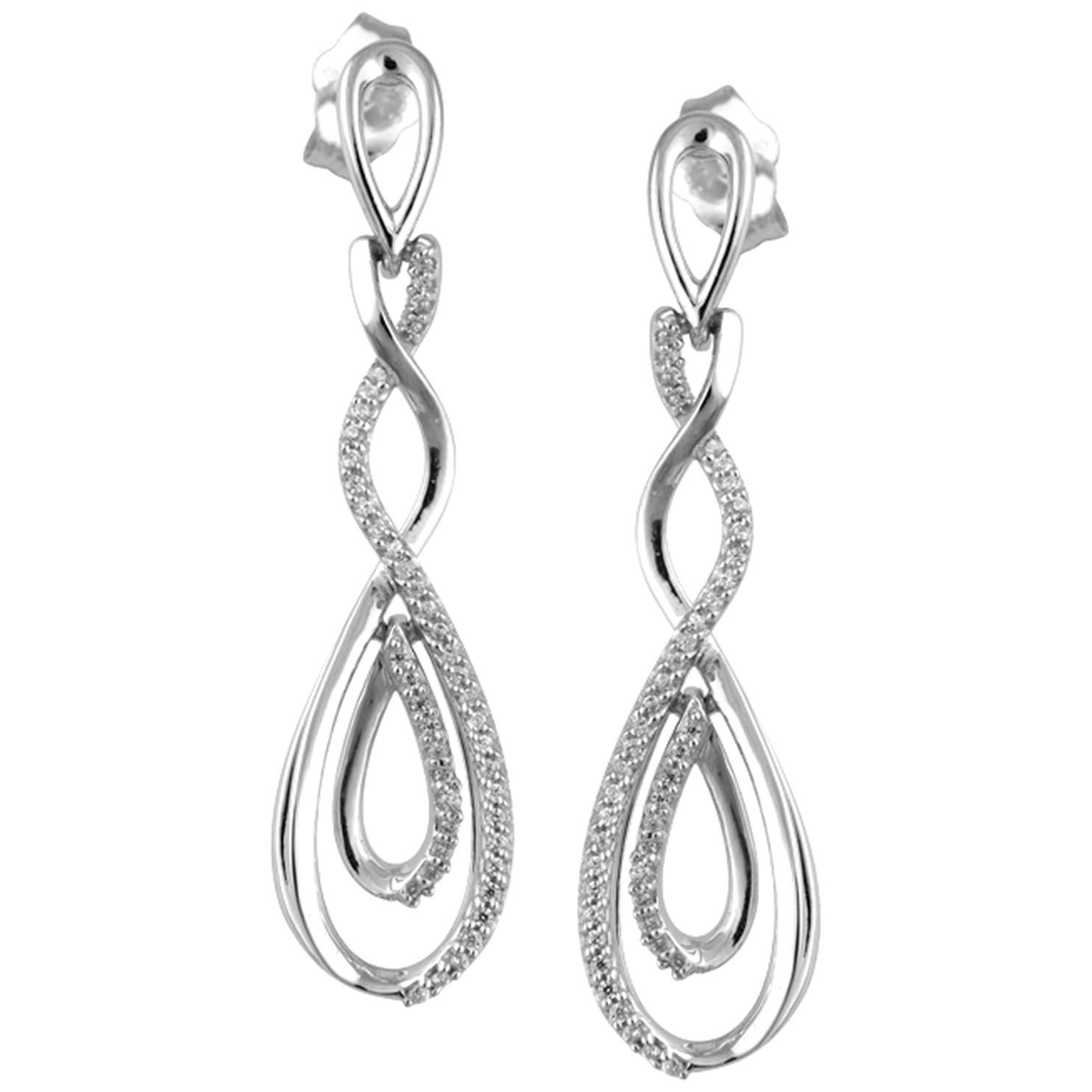 TJD 0.15 Carat Round Diamond 14 Karat White Gold Spiral Dangling Drop Earrings For Sale