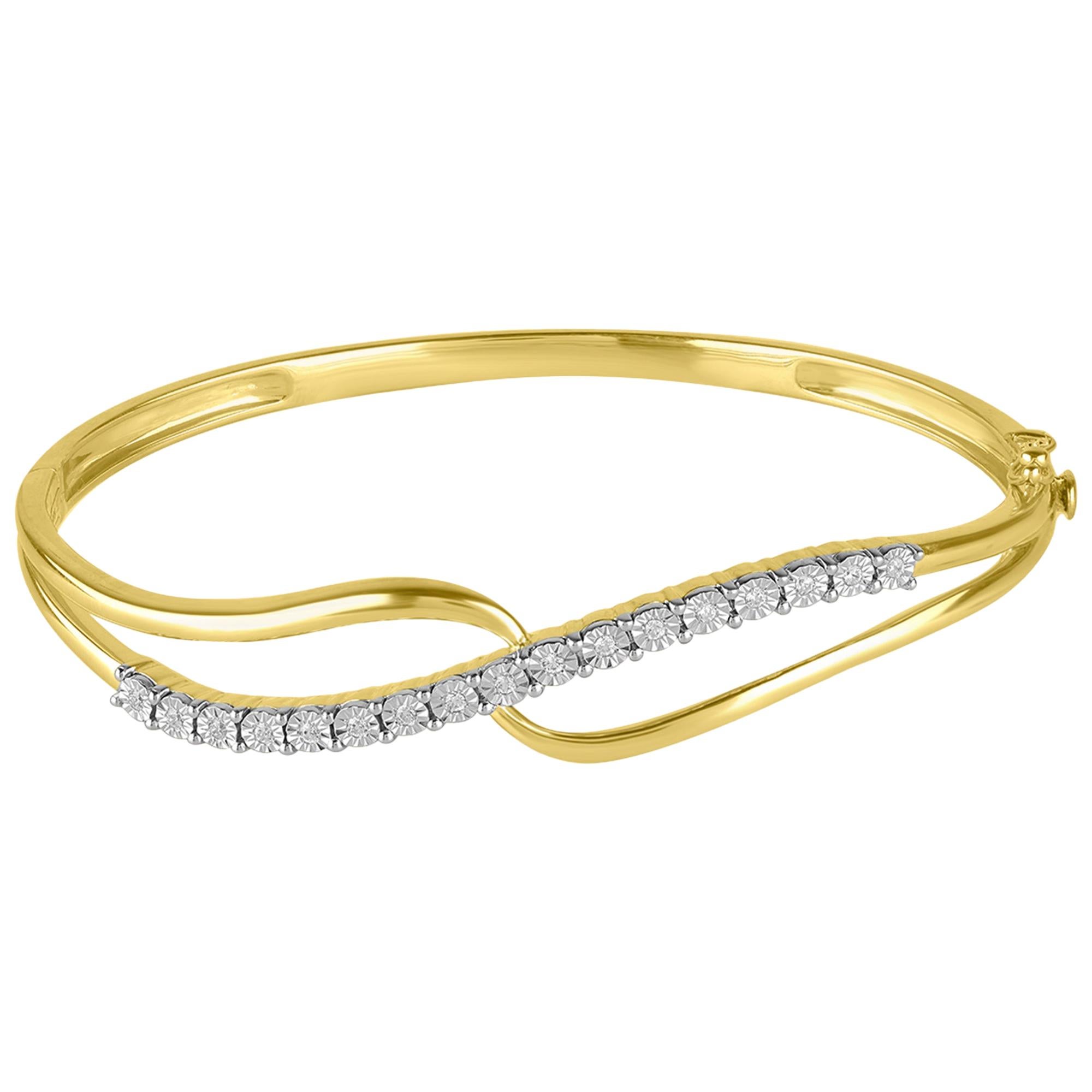 TJD 0.15 Carat Round Diamond 14K Yellow Gold Cross-over Hinged Fashion Bangle