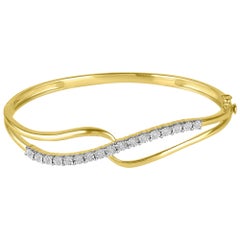 TJD 0.15 Carat Round Diamond 14K Yellow Gold Cross-over Hinged Fashion Bangle