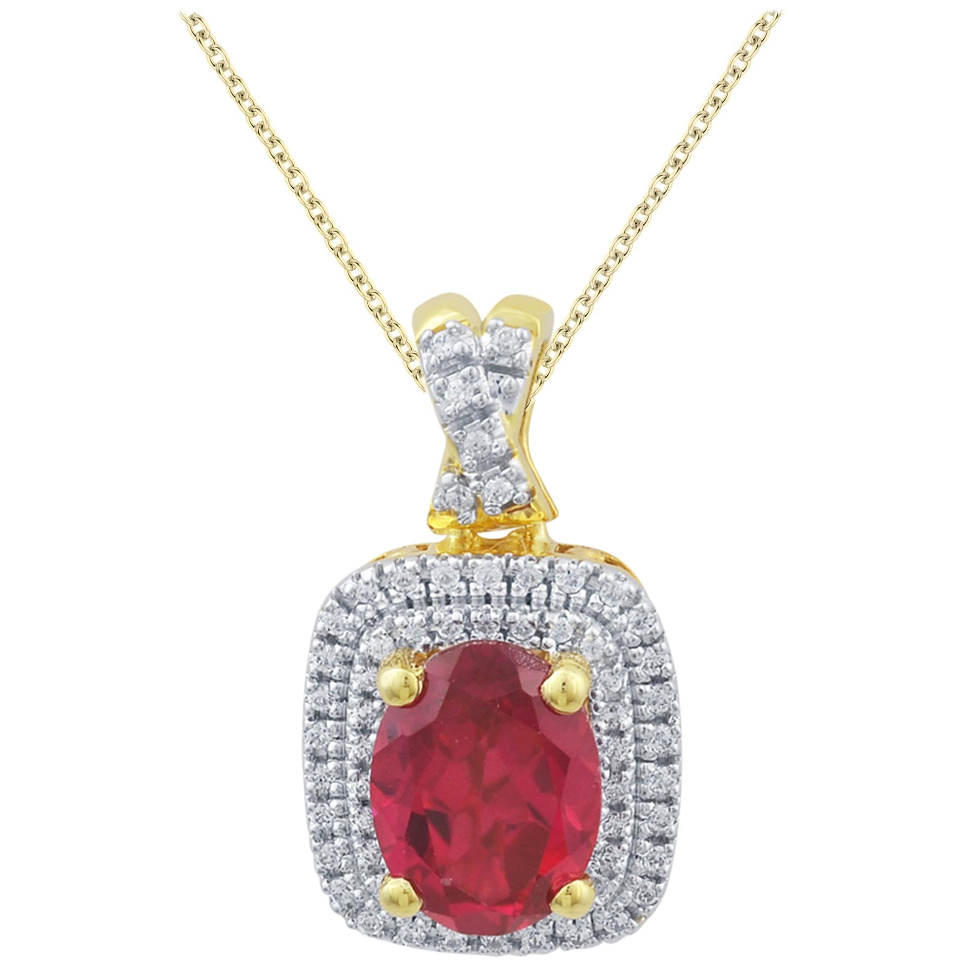 TJD 0.15 Carat Diamond and 8X6MM Oval Ruby 14 Karat Yellow Gold Halo Pendant For Sale