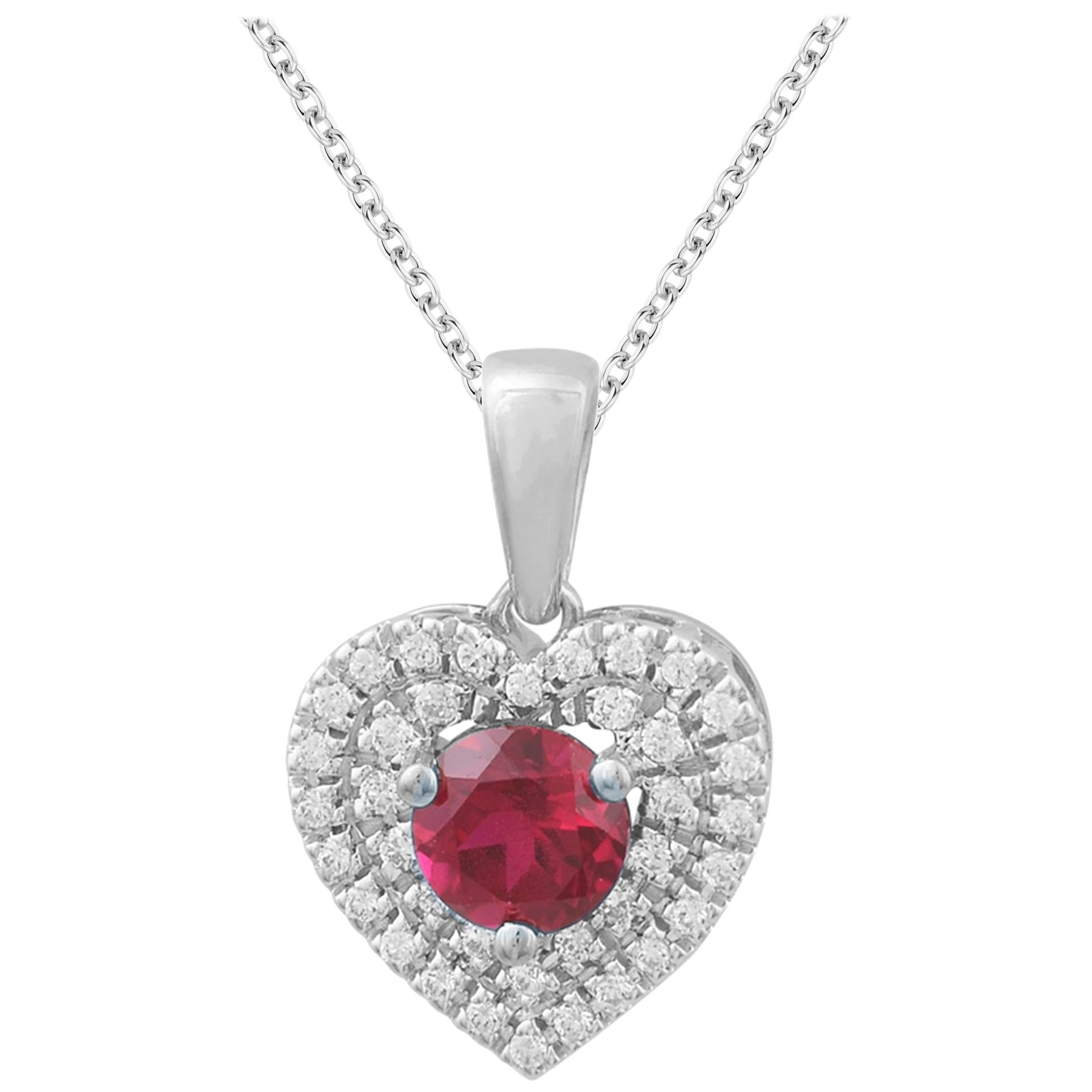 TJD 0.15 Carat Diamond & 5 MM Round Nat. Ruby 14K White Gold Heart Shape Pendant For Sale