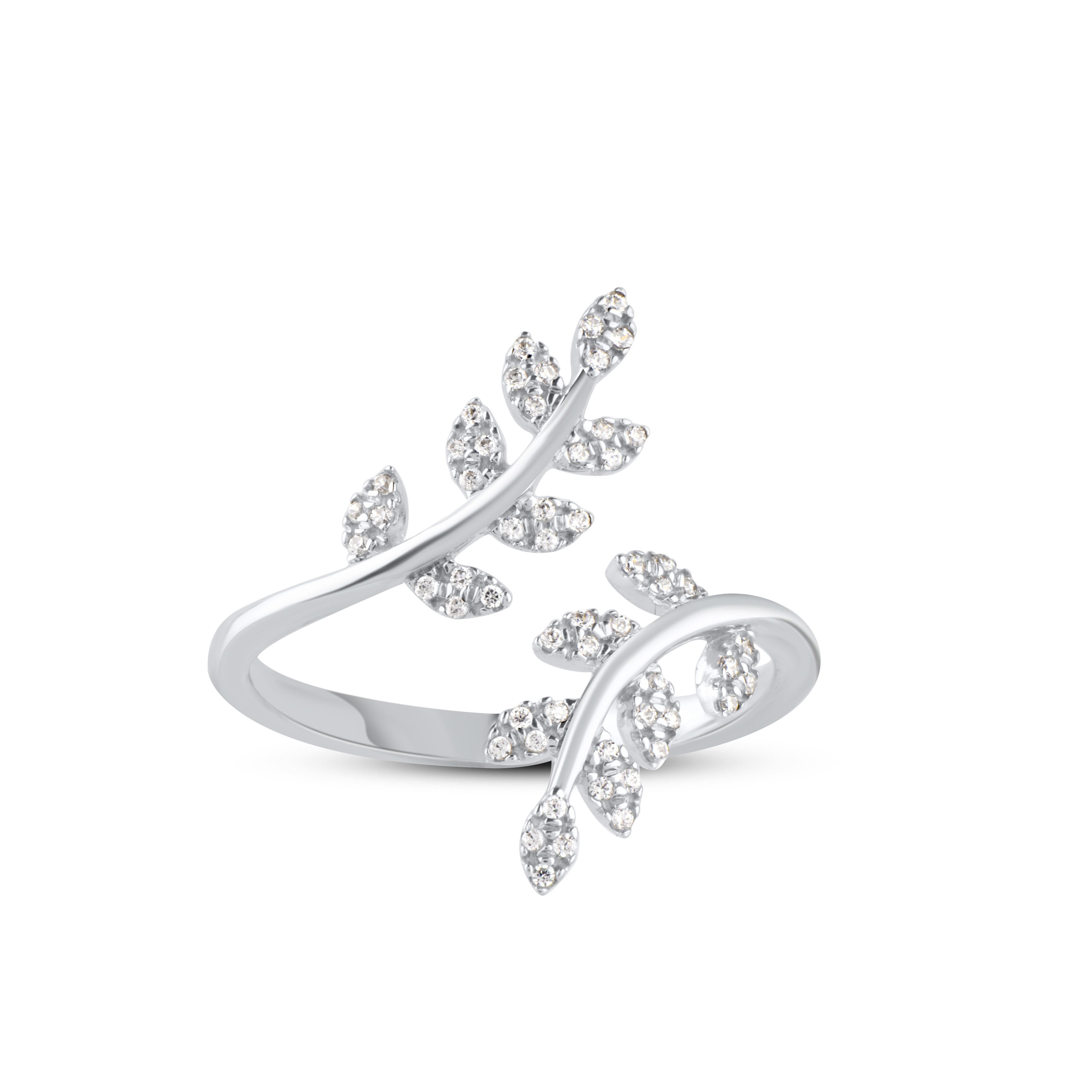 Modern TJD 0.15 Carat Natural Round Cut Diamond 14 Karat White Gold Bypass Leaf Ring For Sale