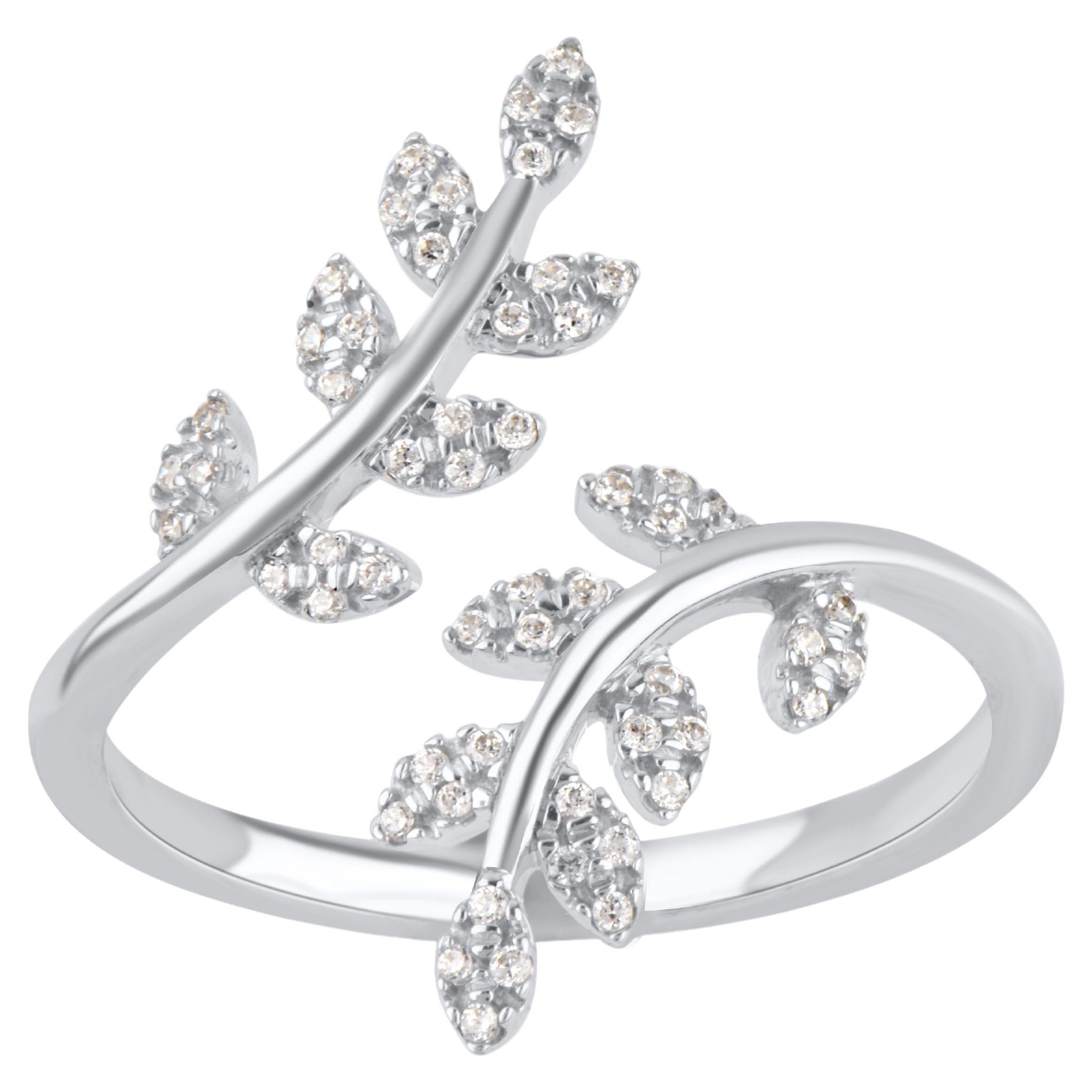 TJD 0.15 Carat Natural Round Cut Diamond 14 Karat White Gold Bypass Leaf Ring For Sale