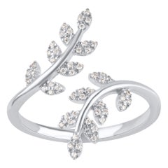TJD 0.15 Carat Natural Round Cut Diamond 14 Karat White Gold Bypass Leaf Ring