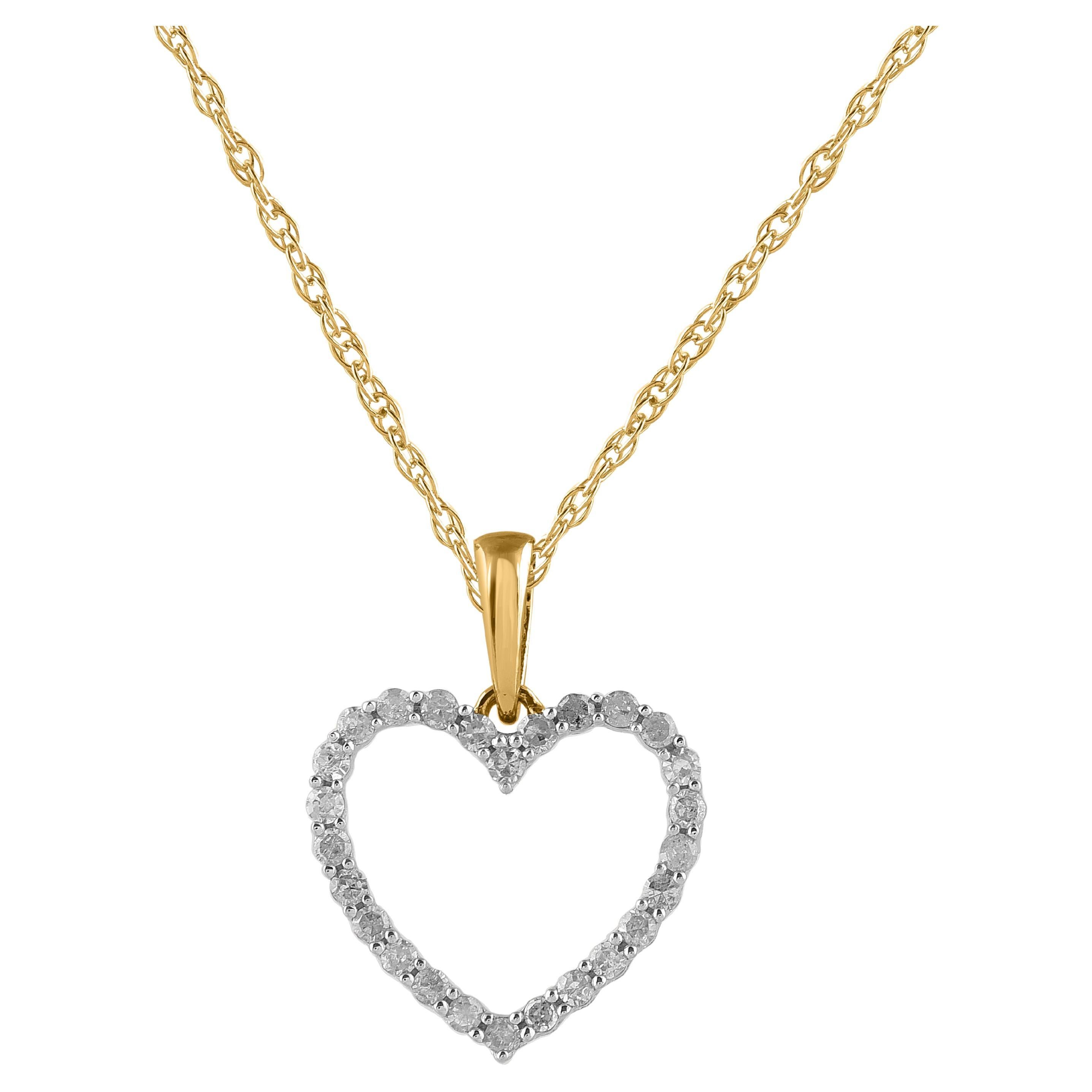 TJD 0.15 Carat Natural Round Cut Diamond 14 Karat Yellow Gold Heart Pendant