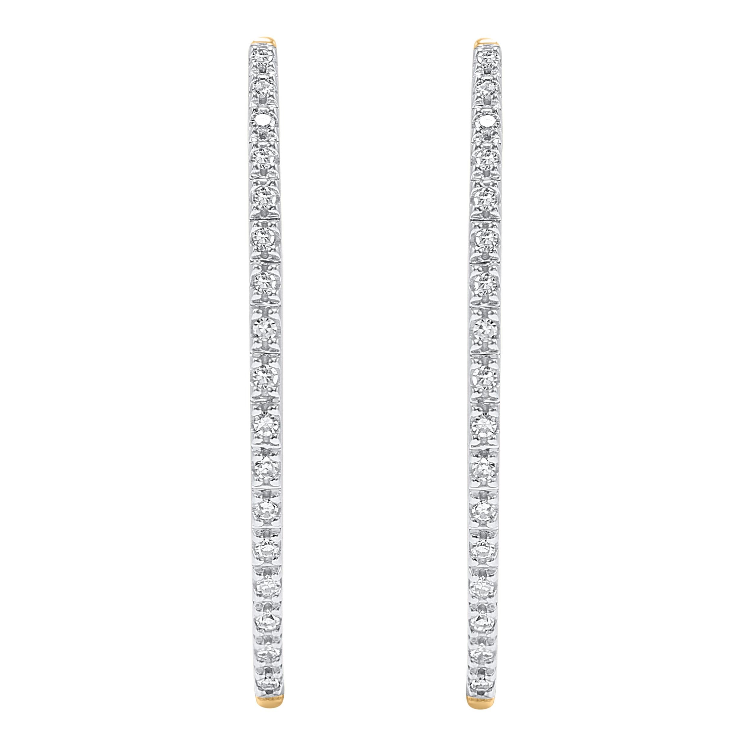 Bring charm to your look with this diamond hoop earrings. This earring is beautifully designed and studded with 34 single cut round diamond in prong setting. The total diamond weight is 0.15 carat. The diamonds are graded as H-I color and I-2