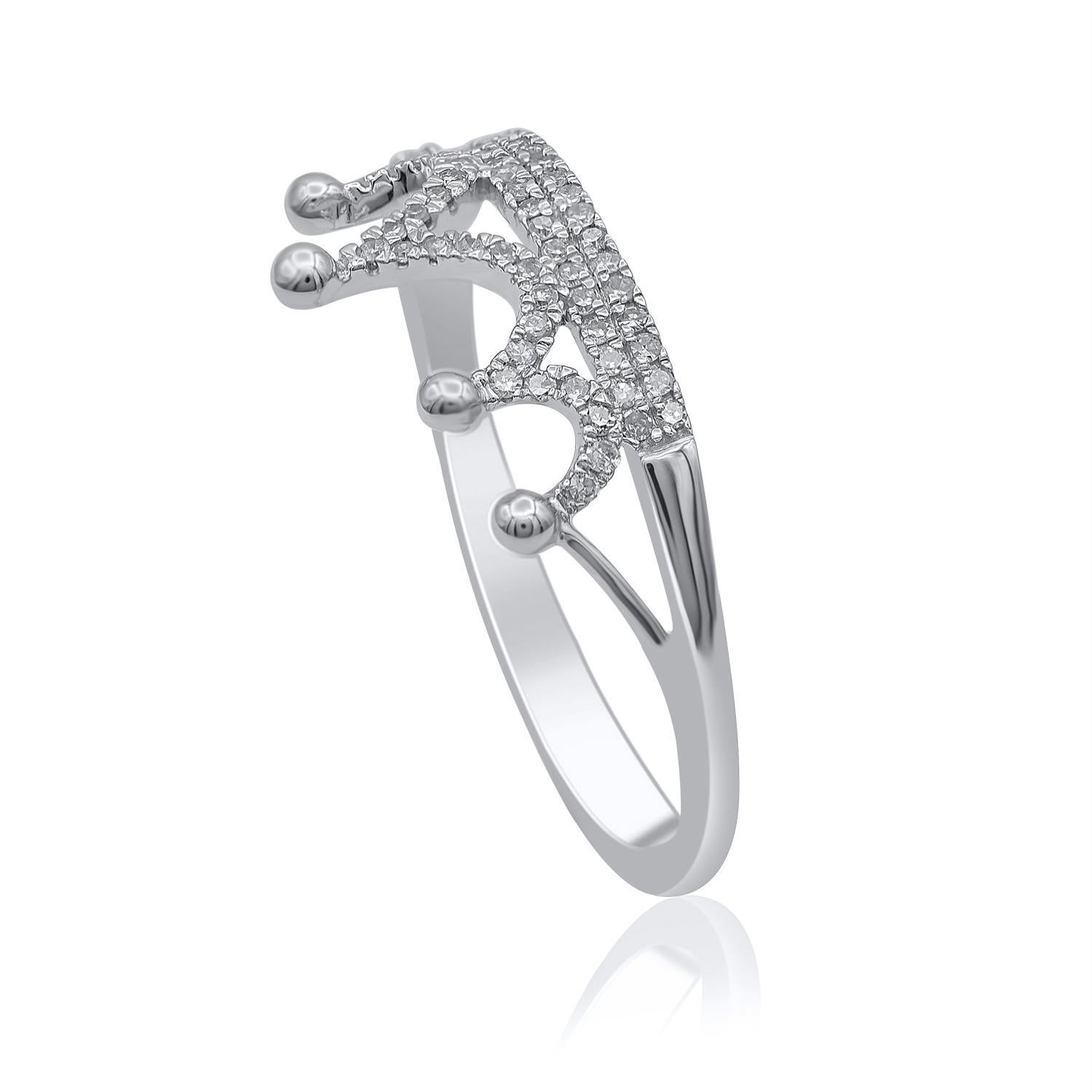 On that special day, express all your love with this elegant and dazzling diamond ring. This crown ring features a sparkling 21 single cut round diamonds beautifully set in prong setting. The total diamond weight is 0.15 Carat. The diamonds are