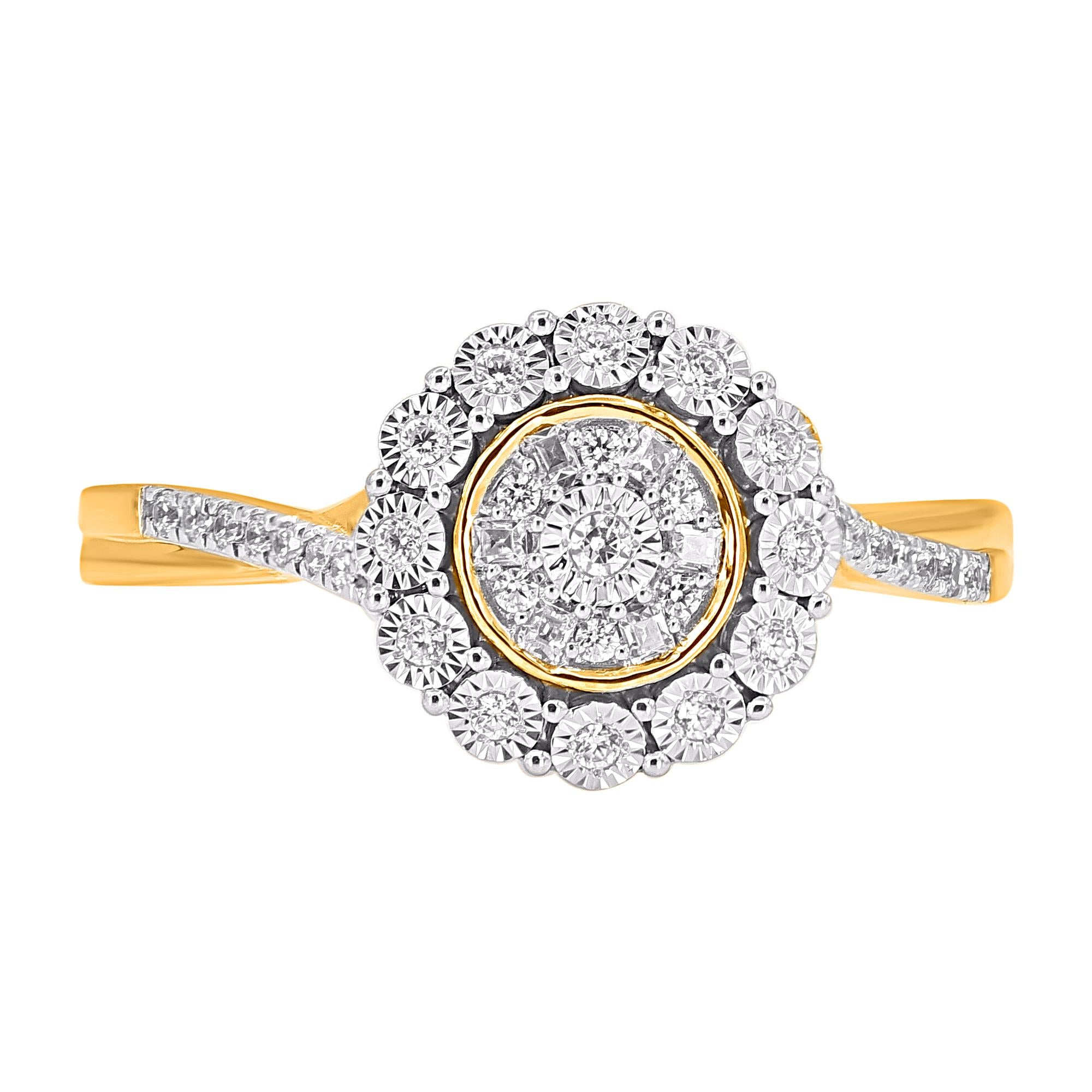 Exprimez votre amour pour elle de la manière la plus classique qui soit avec cette bague en diamant. Fabriqué en or jaune 14 carats. Cette bague de mariage est ornée d'un étincelant diamant rond et baguette de 39 points, magnifiquement serti sur une
