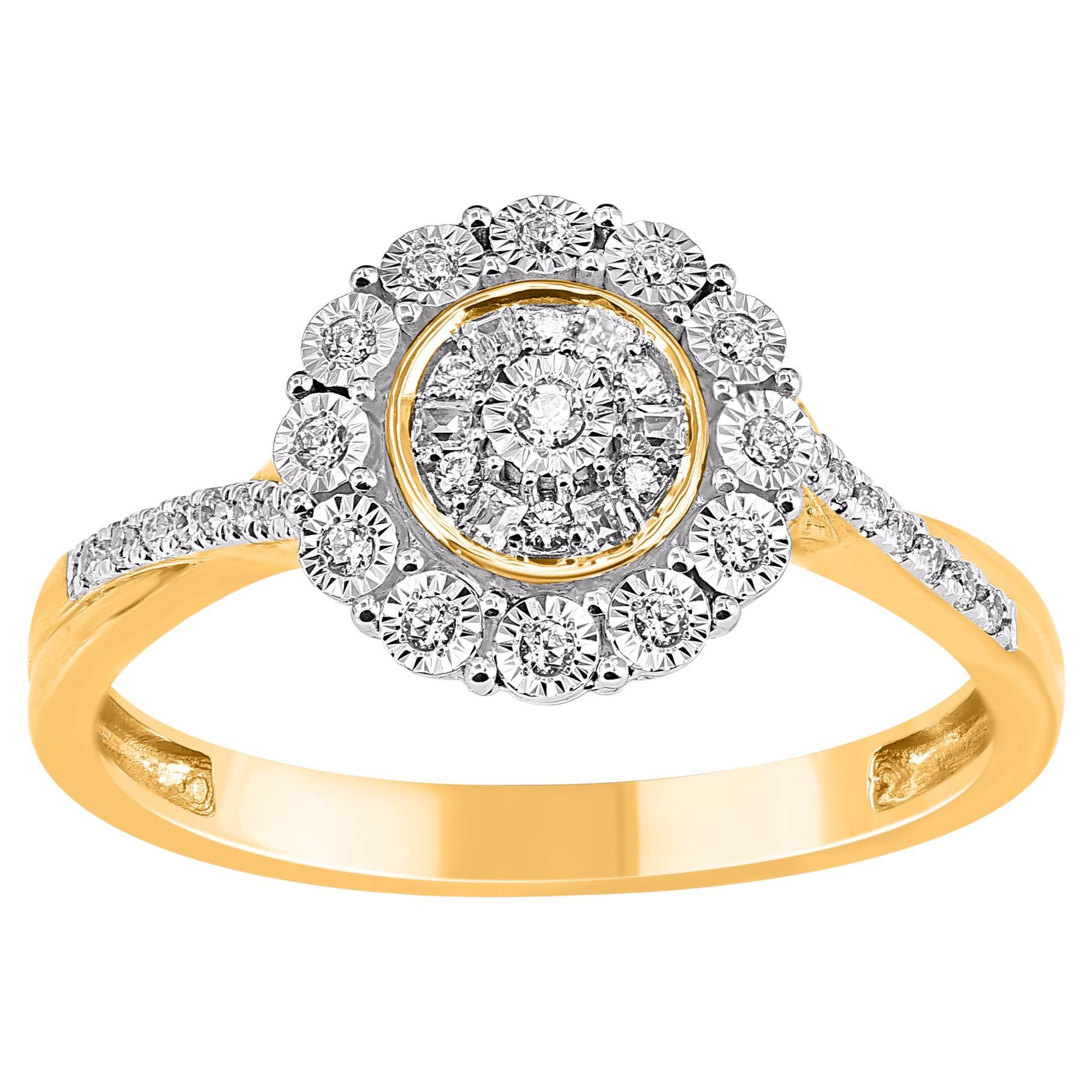 TJD 0.15 Carat Natural Round Diamond 14 Karat Yellow Gold Halo Engagement Ring