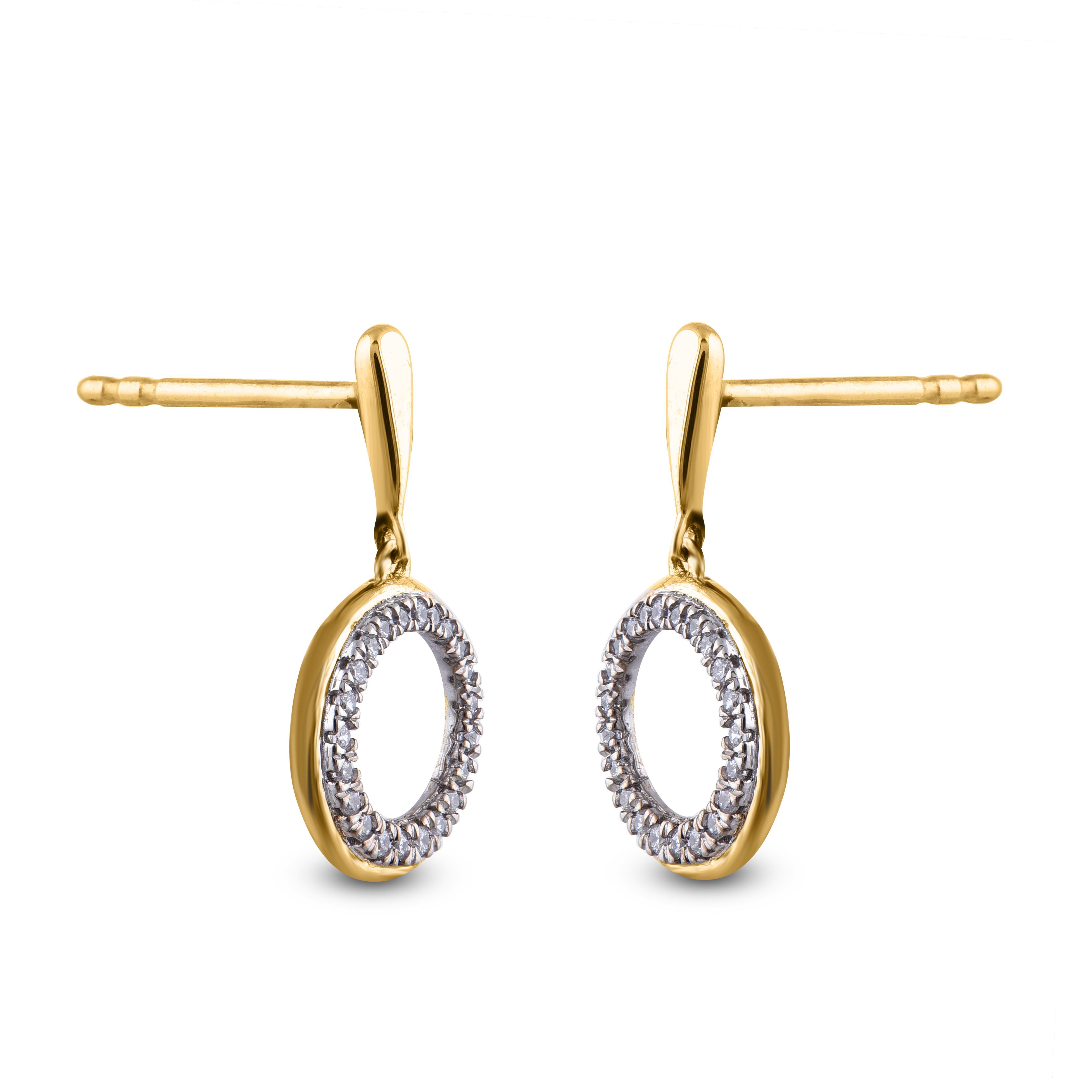 Art Deco TJD 0.15 Carat Natural Round Diamond 14K Yellow Gold Circle Drop Earrings For Sale