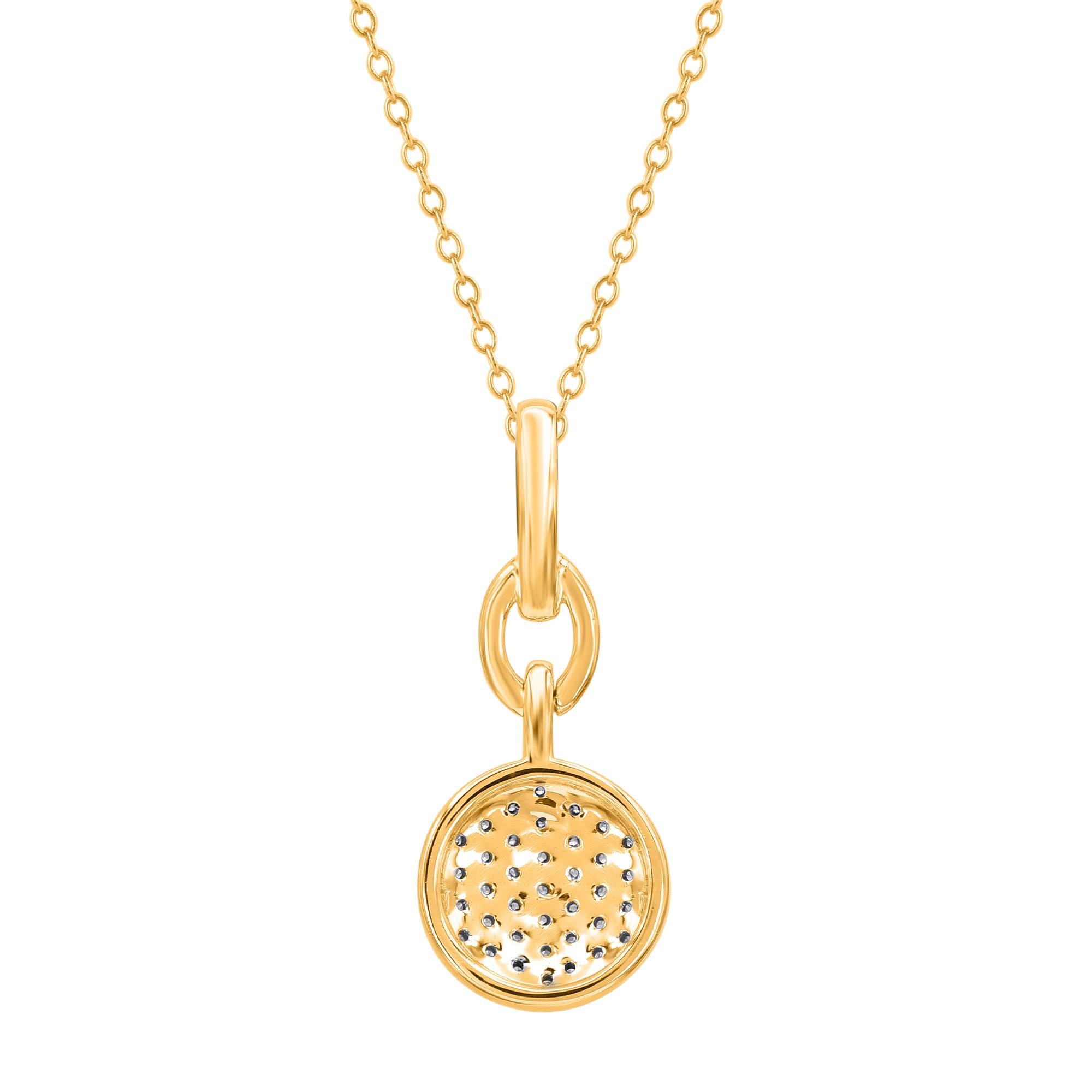 A glamorous style, this diamond pendant elevates any attire. Beautifully crafted by our inhouse experts in 14 karat yellow gold and embellished with 42 round cut diamond set in prong setting. The total diamond weight is 0.15 carat and it shines in