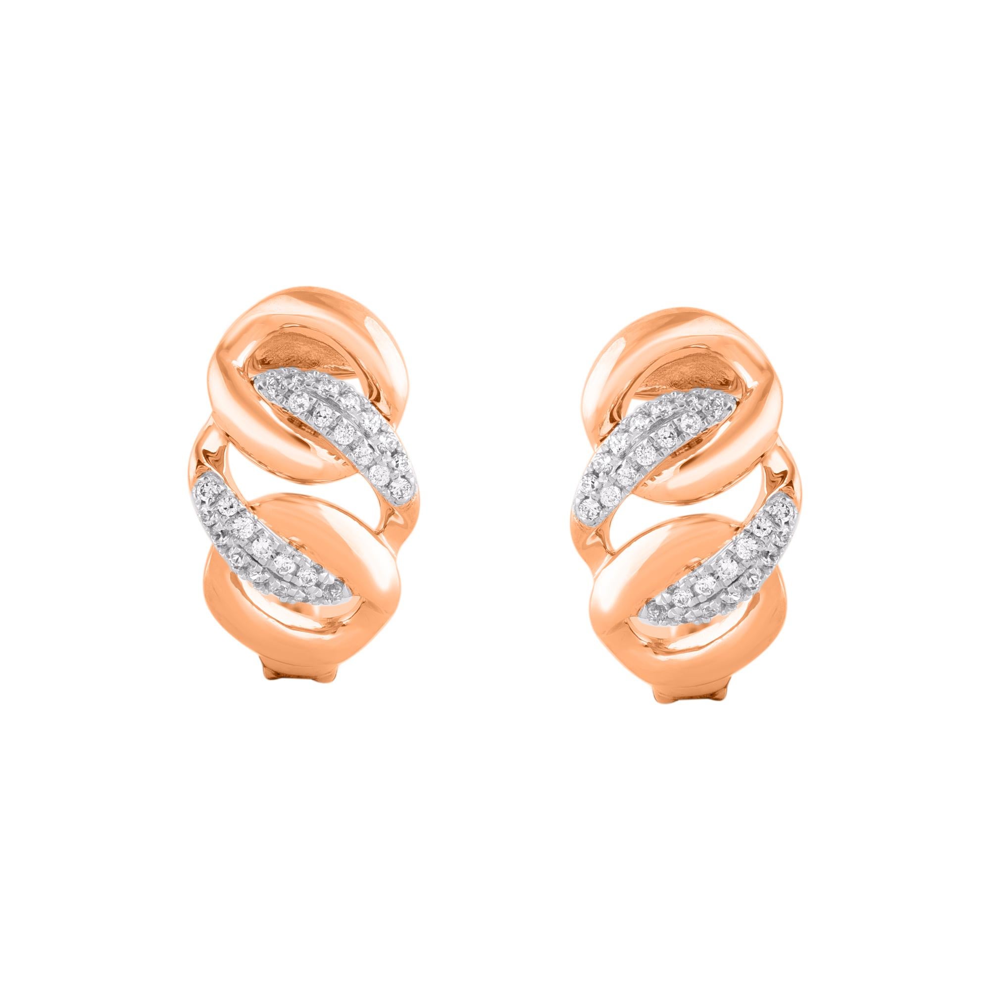 Timeless hoops, perfect your weekend looks when you wear these stylish diamond hoop earrings. Crafted in 14 karat rose gold with 52 single cut diamond in prong setting. These earrings are secured with post & backs. The white diamonds are graded as