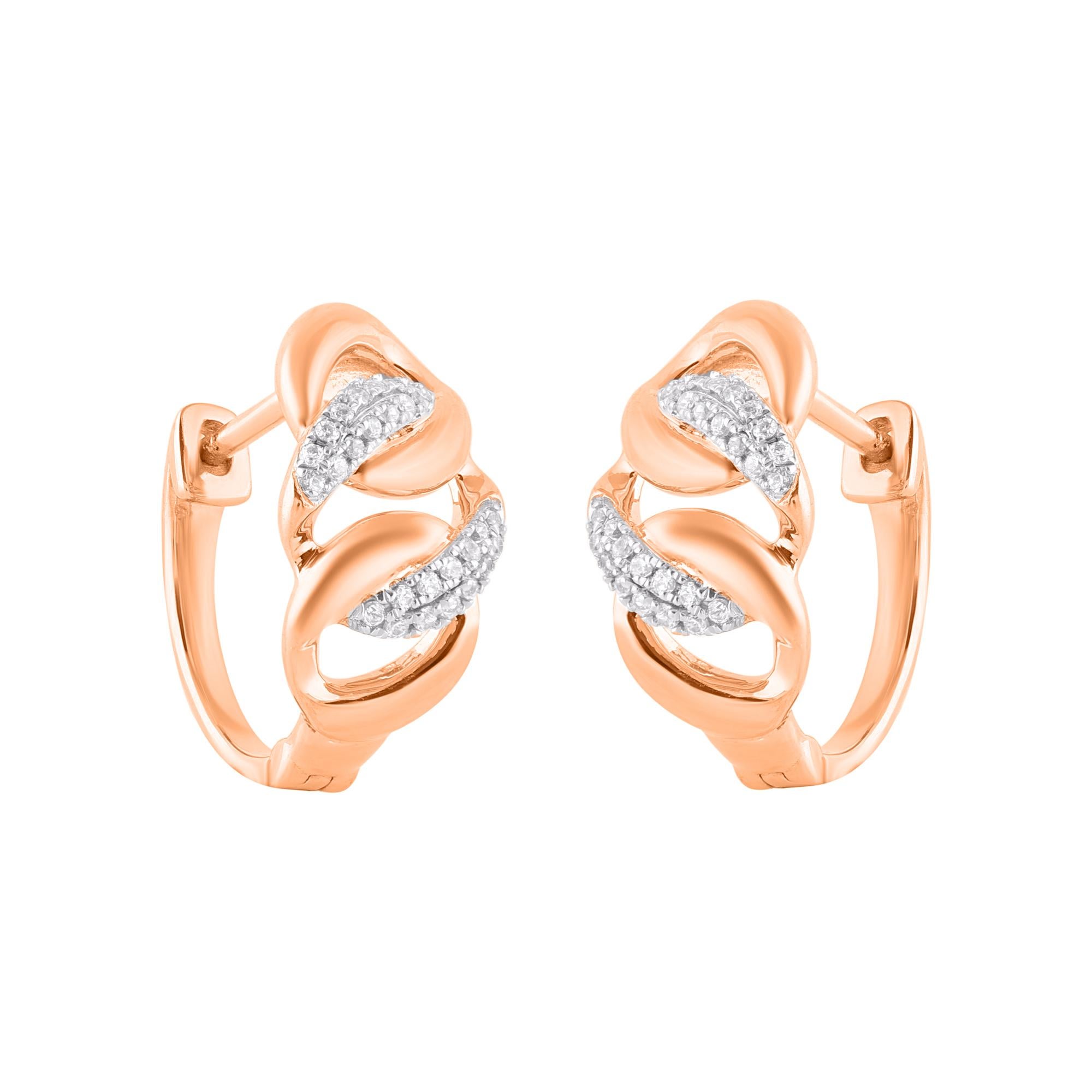 Art Deco TJD 0.15 Carat Natural Round Diamond Hoop Earrings in 14 Karat Rose Gold For Sale