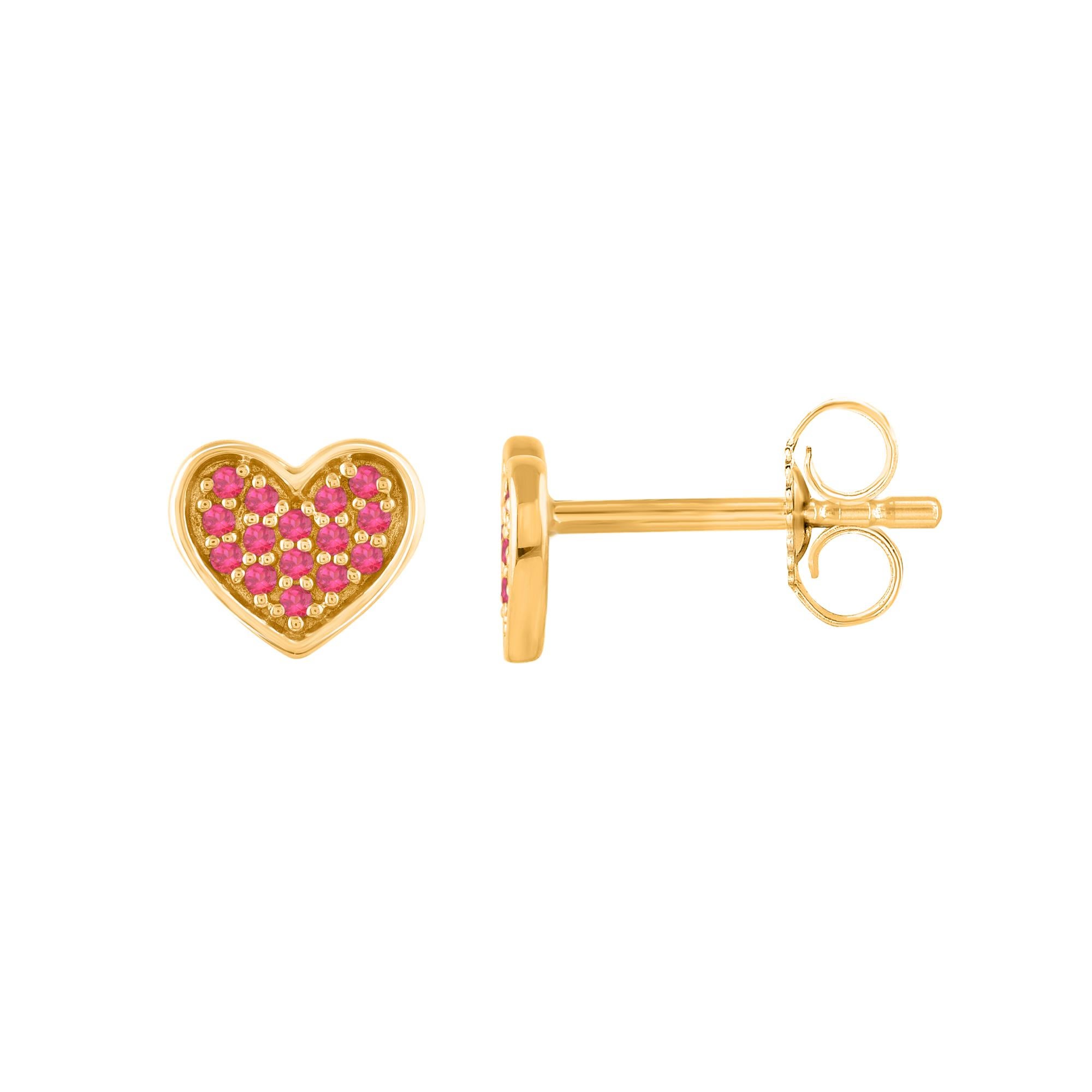 These dazzling stud earrings feature 30 ruby gemstones embedded beautifully in prong setting. These ruby earrings are crafted in 14-karat yellow gold. The diamonds are graded H-I Color, I2 Clarity.

Metal color can be customized on request. 