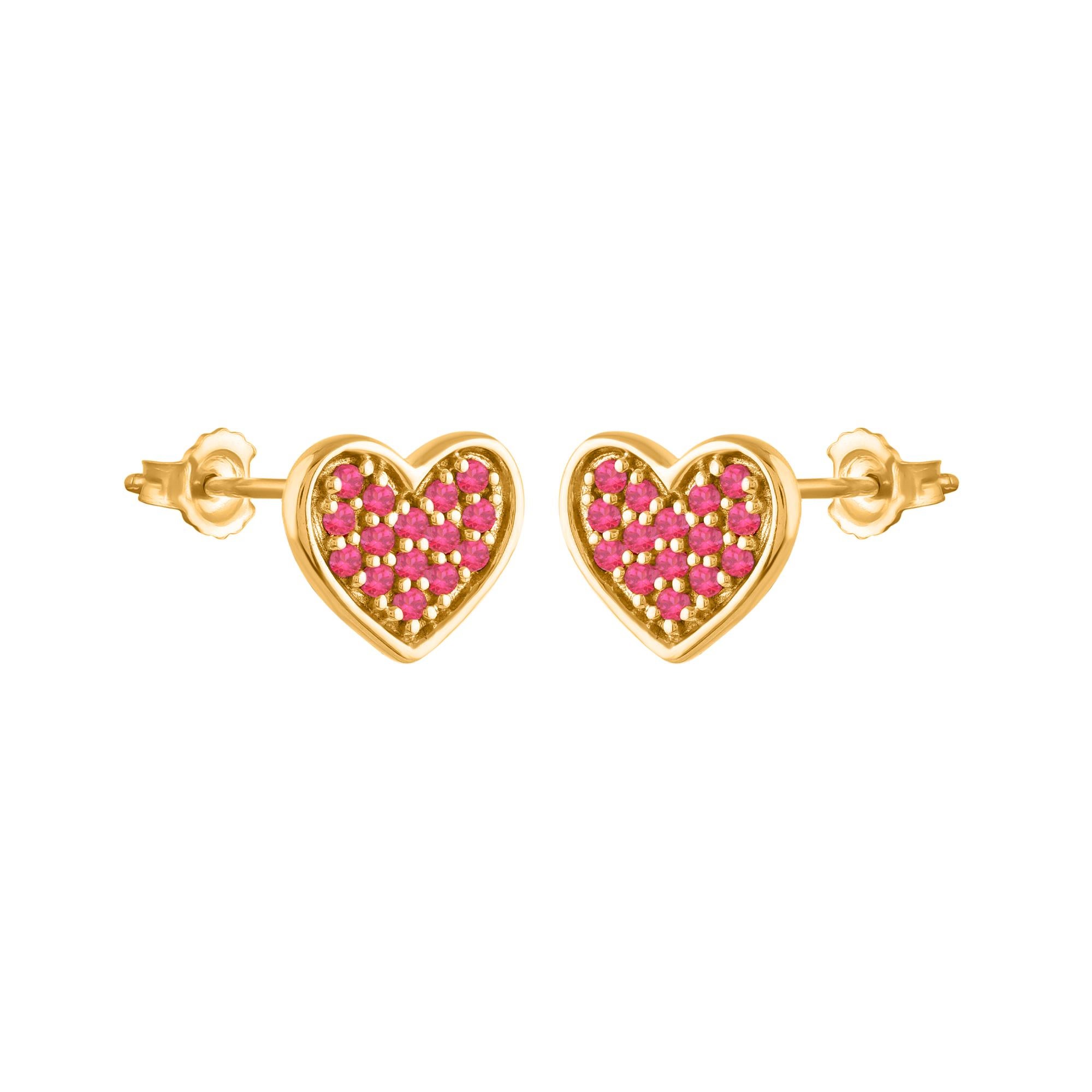 Contemporary TJD 0.15 Carat Natural Ruby 14 Karat Yellow Gold Heart Stud Earrings For Sale