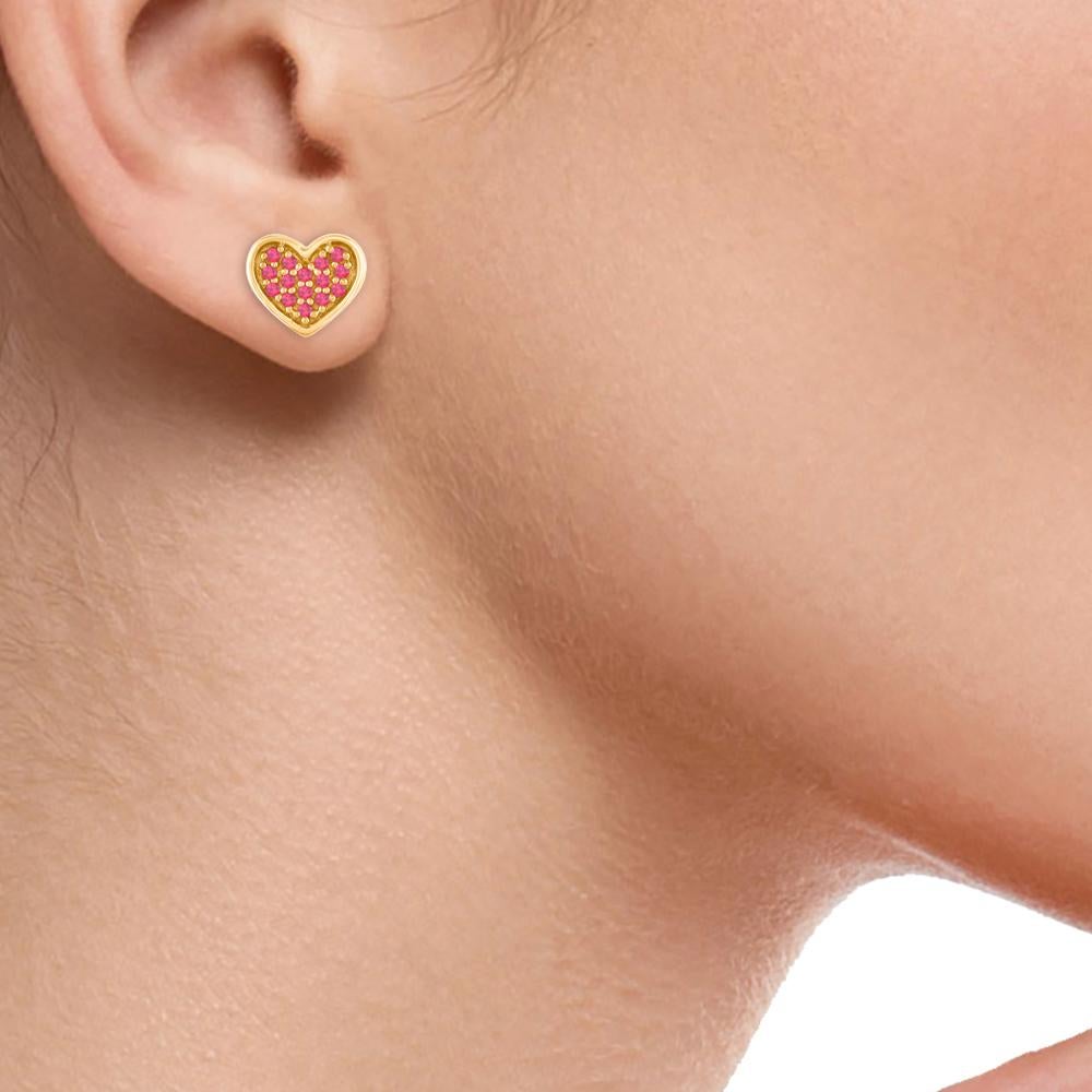 Round Cut TJD 0.15 Carat Natural Ruby 14 Karat Yellow Gold Heart Stud Earrings For Sale