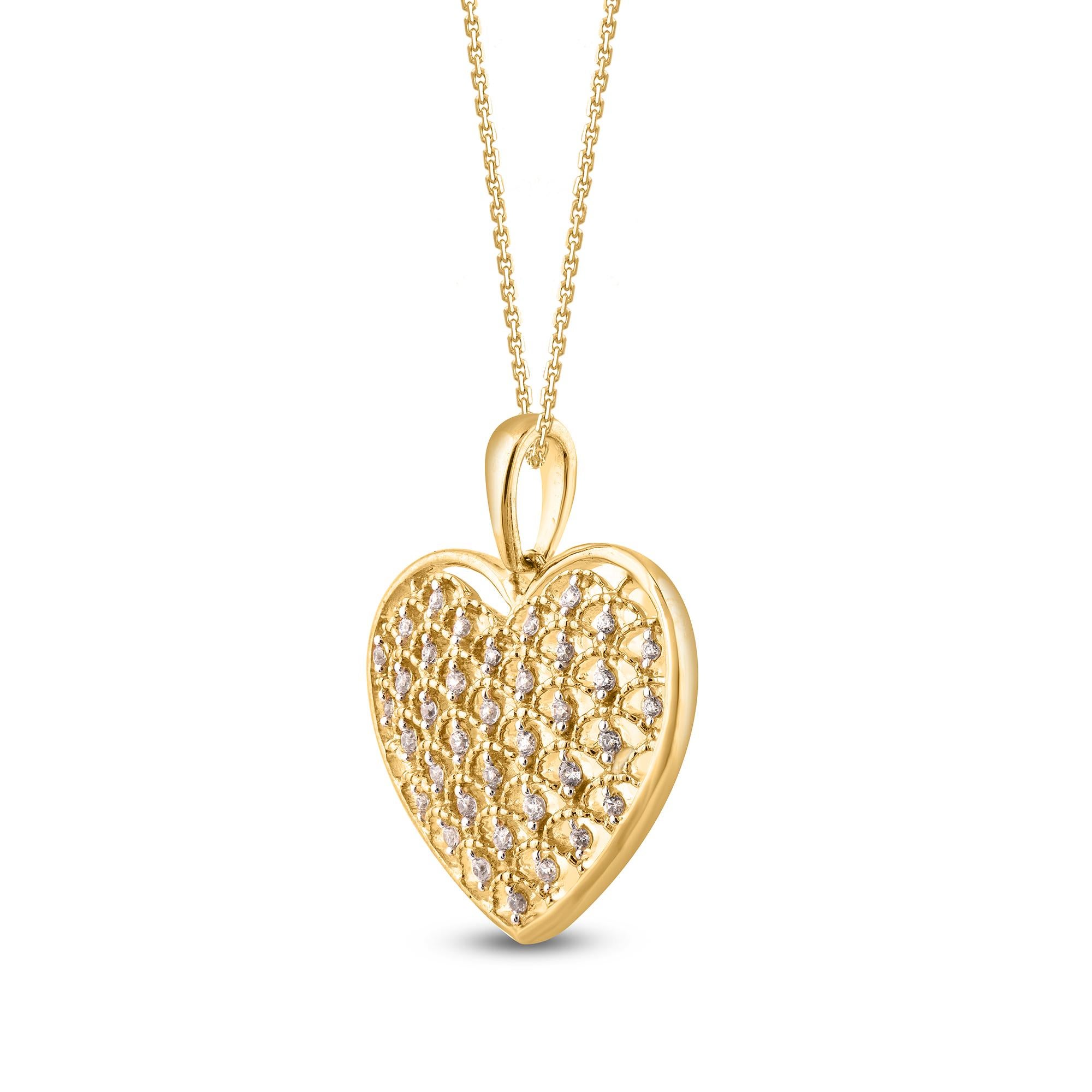 Make any day special with this gorgeous diamond heart pendant. This heart pendant is crafted from 14-karat yellow gold and features 37 single cut diamonds set in prong setting. H-I color I2 clarity and a high polish finish complete the Brilliant