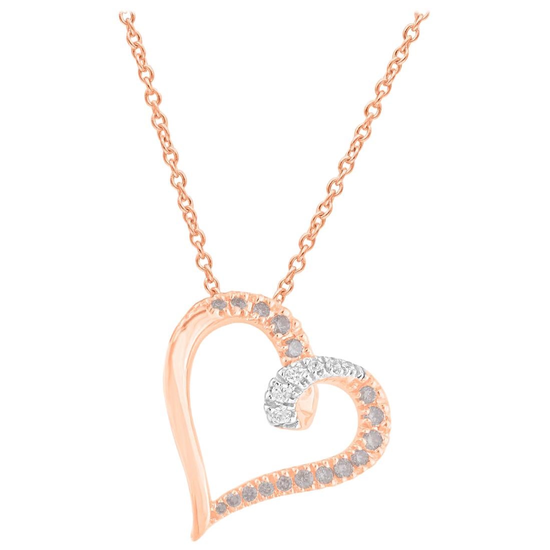 TJD 0.15 Carat Nat. Pink Rosé & White Diamond 18 Karat Gold Tilted Heart Pendant For Sale