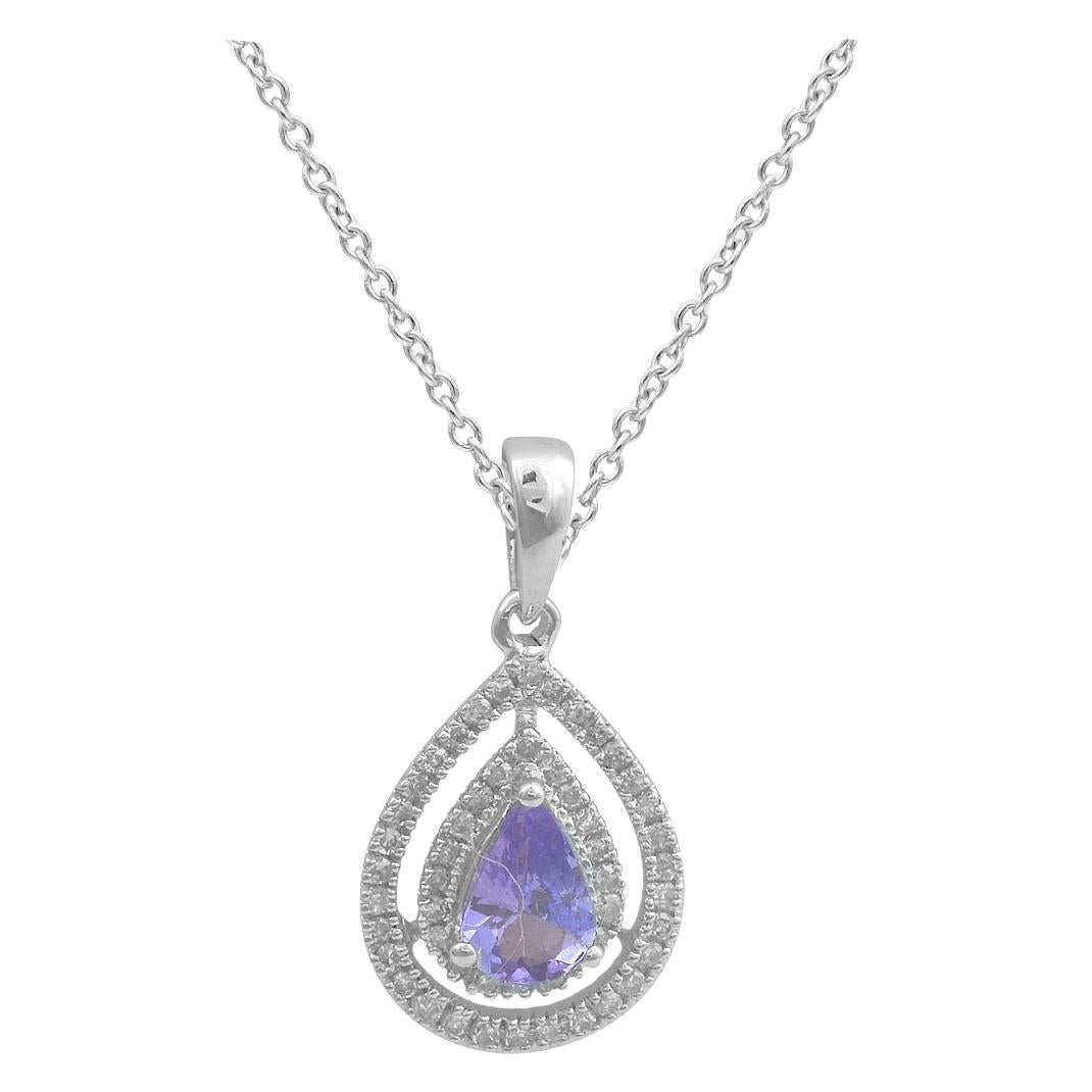 TJD 0,15 Carati Rotondi e 6 X 4MM Nat Pear Tanzanite Ciondolo con Diamante in Oro Bianco 14K