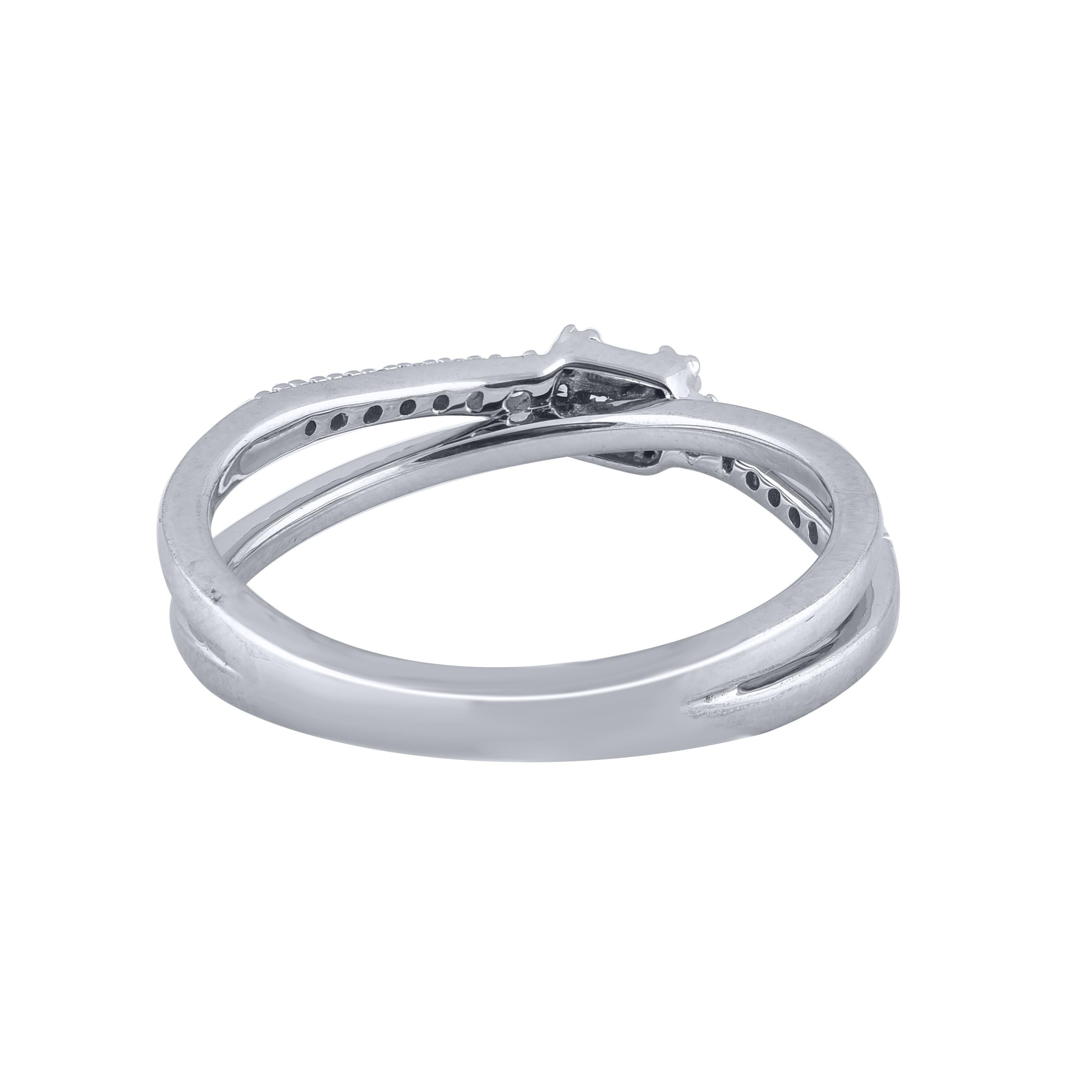 Baguette Cut TJD 0.15 Carat Round and Baguette Diamond 14KT White Gold Criss-cross Ring For Sale