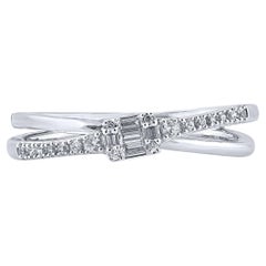 TJD 0.15 Carat Round and Baguette Diamond 14KT White Gold Criss-cross Ring